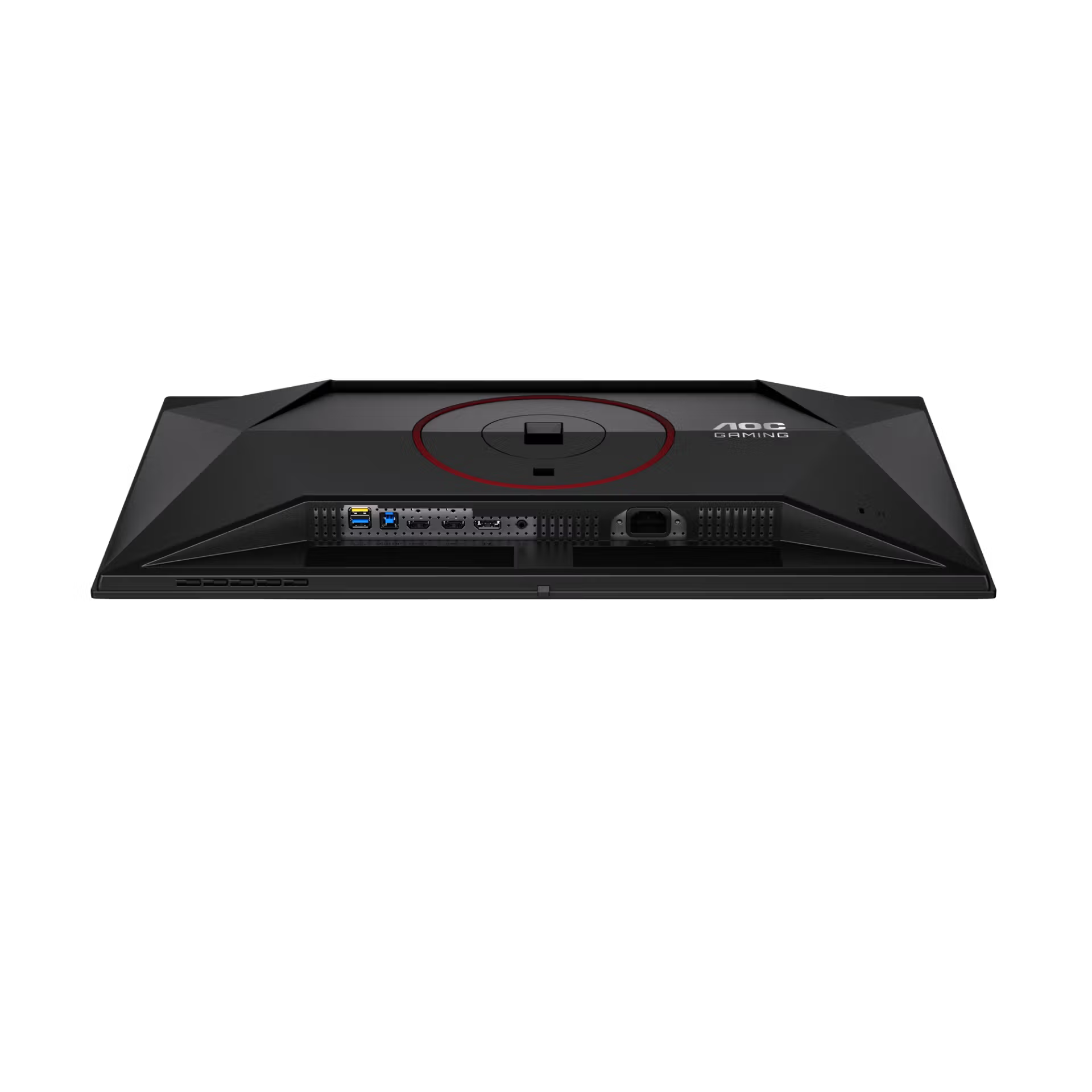 Egy fekete AOC Gaming monitor hátulja csatlakozókkal és piros körrel.