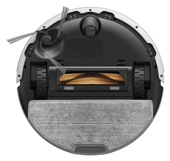 Spód okrągłego robota sprzątającego z szczotkami, kołami i nakładką mopującą.