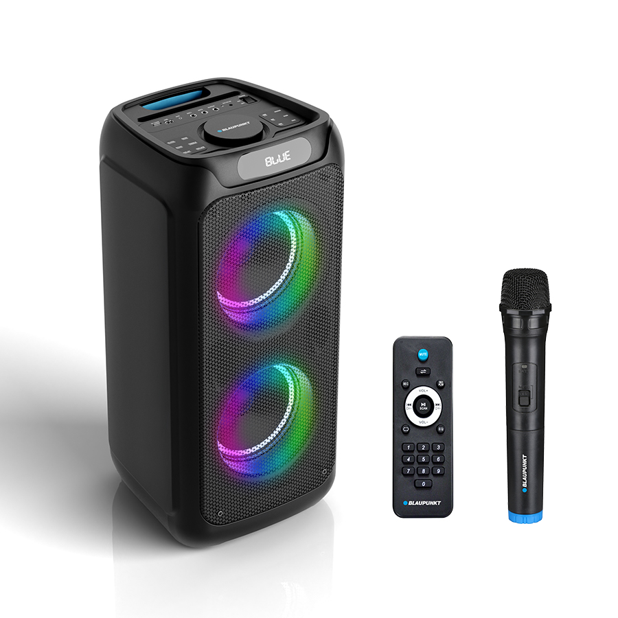 RGB ışıklı siyah hoparlör, mikrofon ve uzaktan kumanda.
