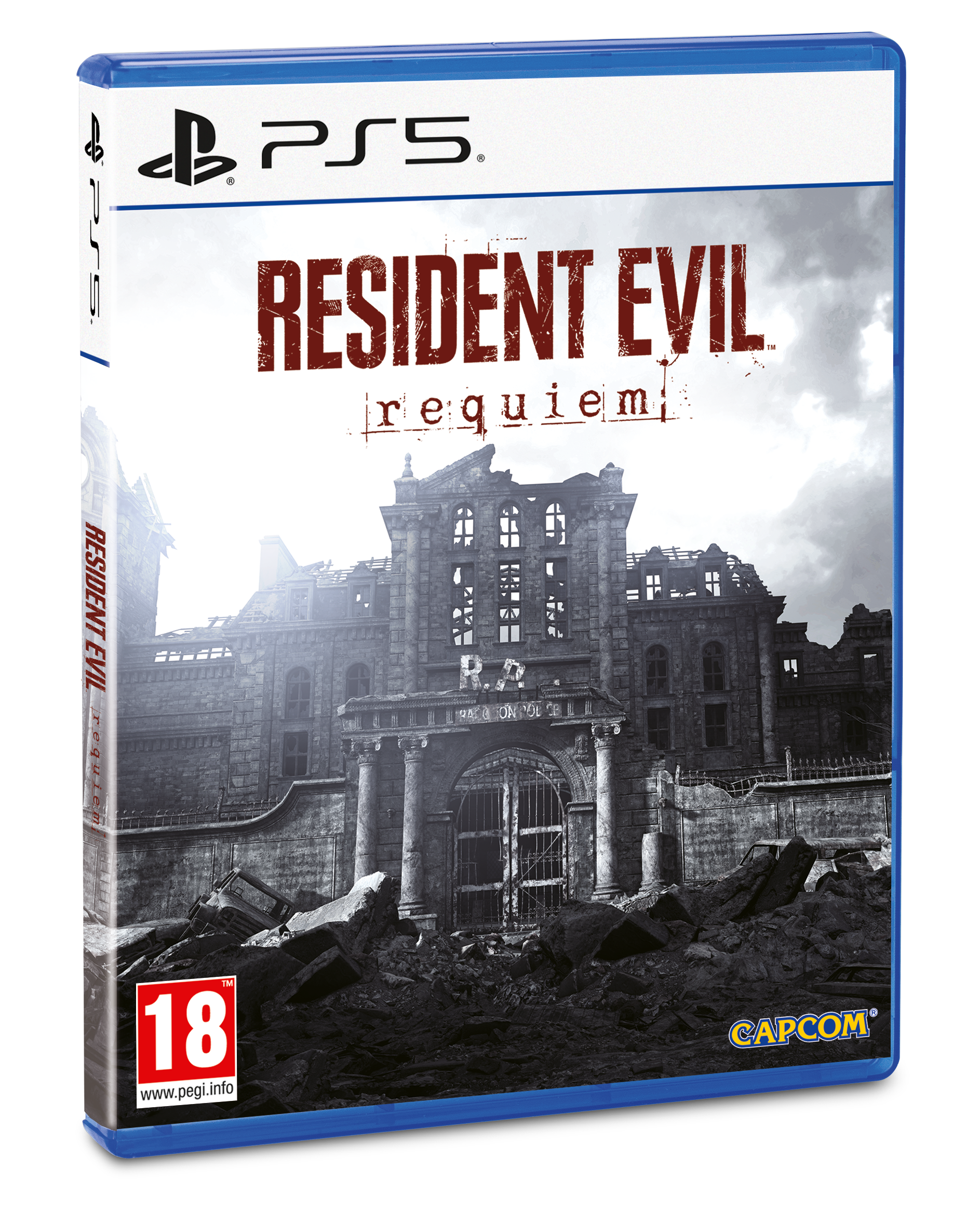 PS5 oyun kapağı: Resident Evil Requiem, arkada yıkık bina.