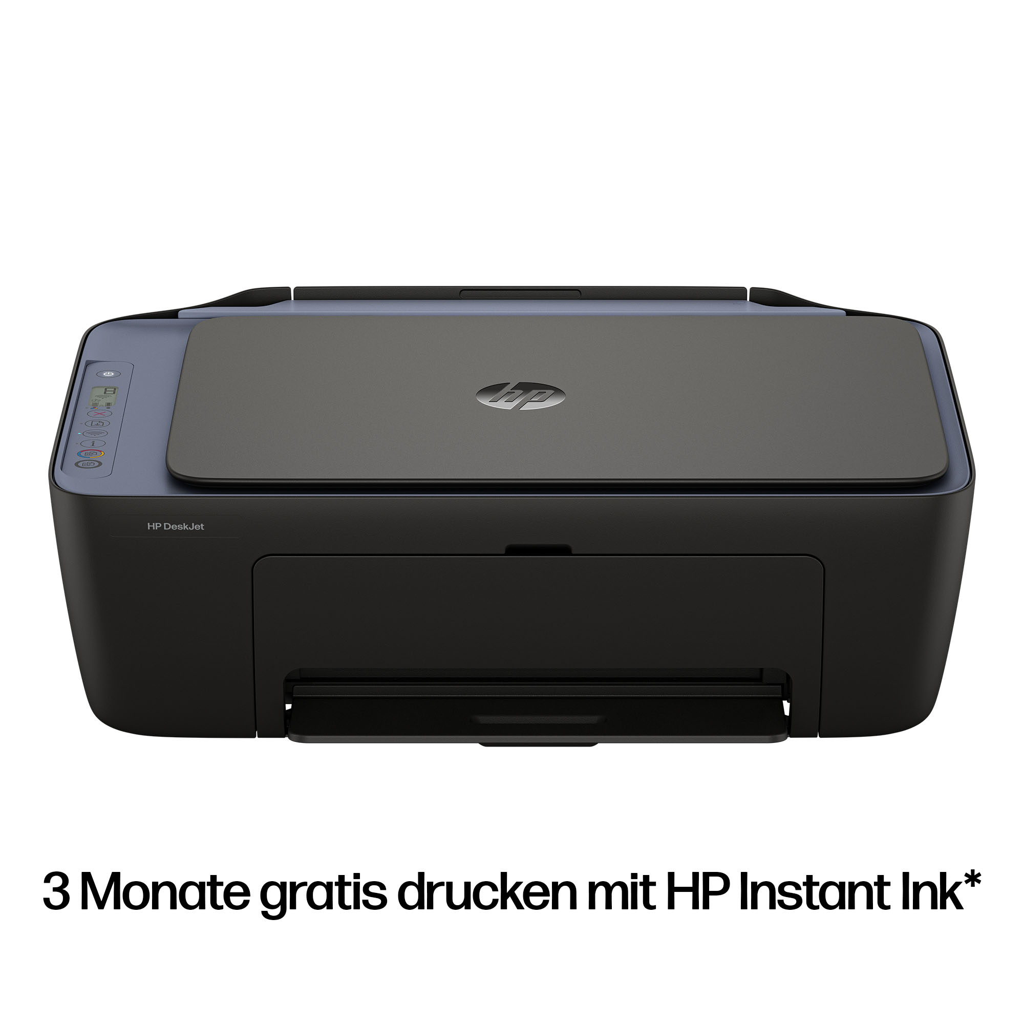 Schwarzer HP DeskJet Drucker mit grauer Abdeckung und Bedienelementen.