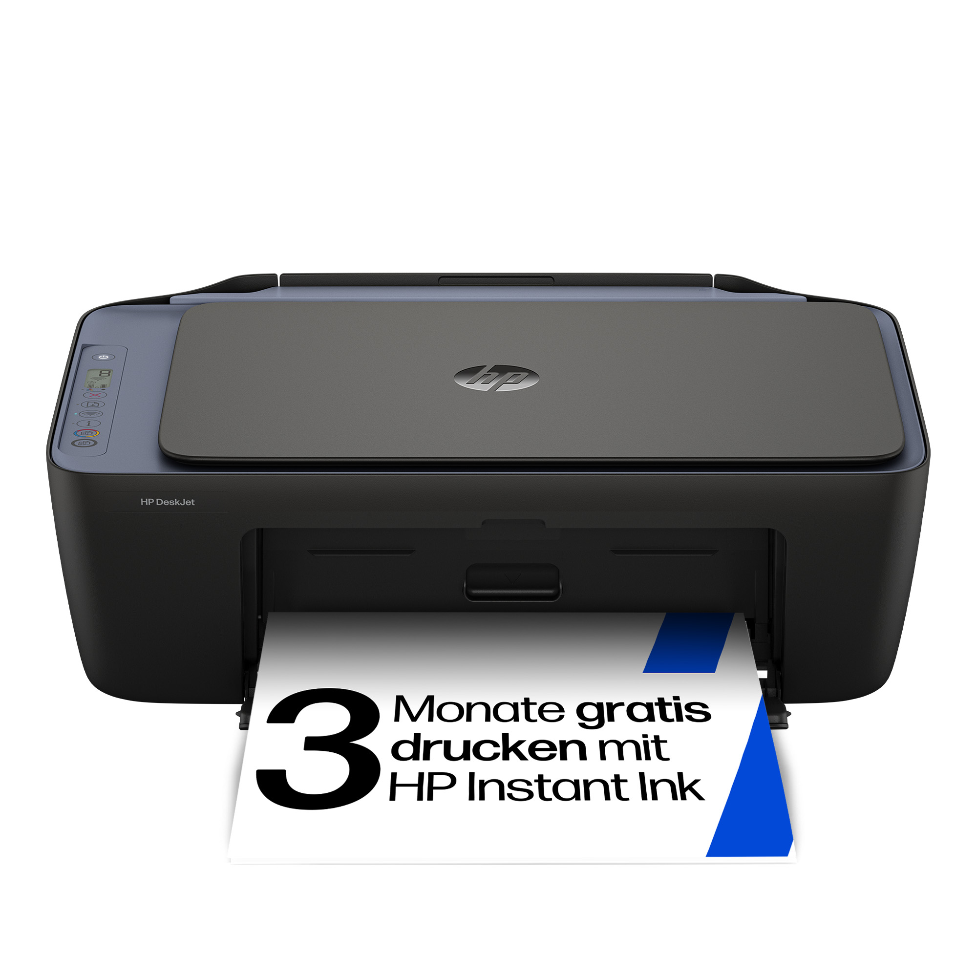 Ein schwarzer HP Drucker mit einem Blatt Papier, das 