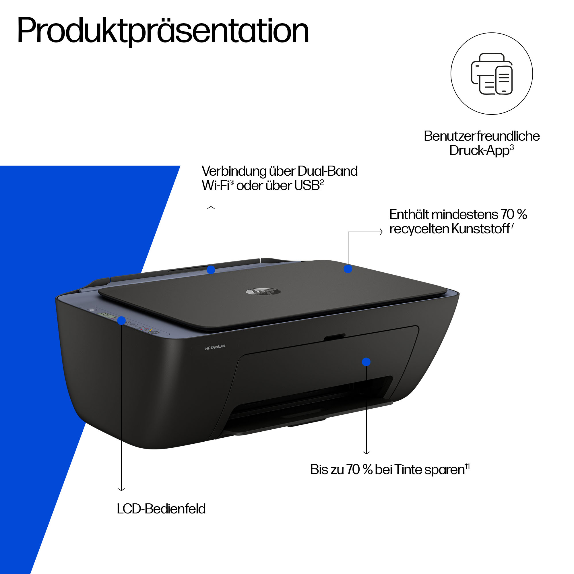 Schwarzer HP DeskJet Drucker mit Beschriftungen zu Funktionen und Material.