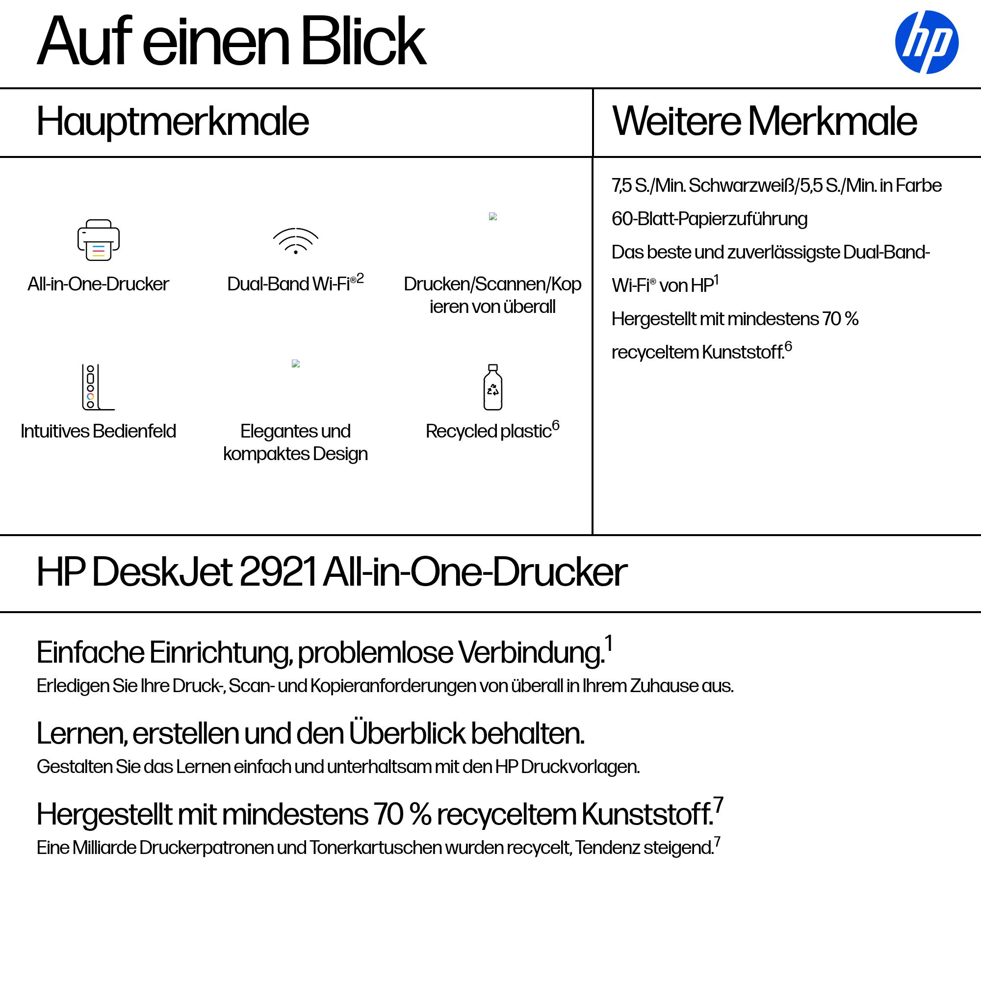 HP DeskJet 2921 Drucker: All-in-One, Dual-Band Wi-Fi, Recycling.
