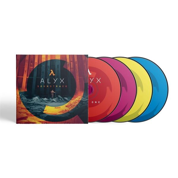 Alyx Soundtrack CD-Set mit vier farbigen Discs (rot, pink, gelb, blau) und Cover.