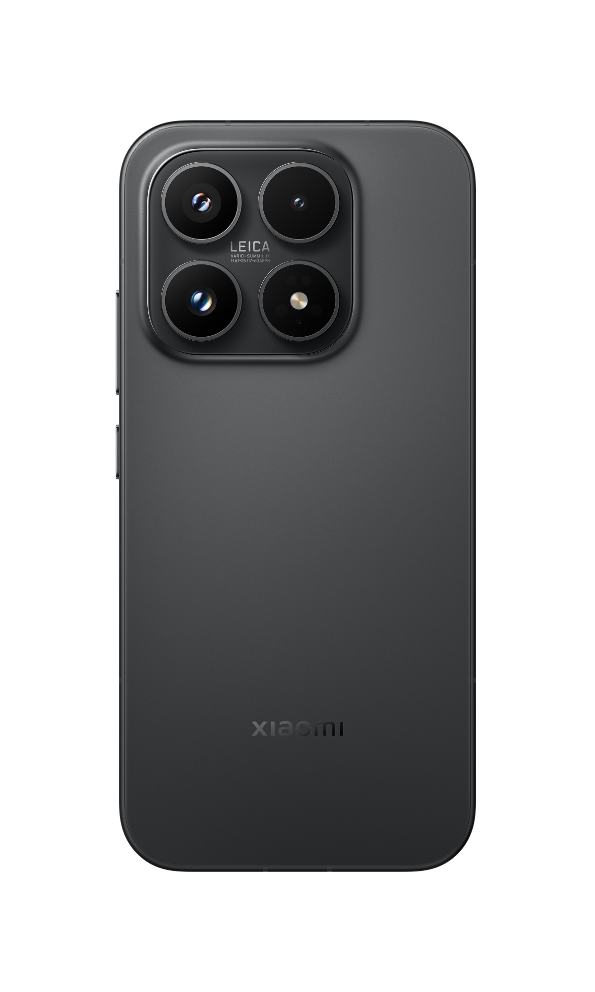 Dört kamera lensli ve Xiaomi logosu bulunan koyu renkli akıllı telefonun arkası.