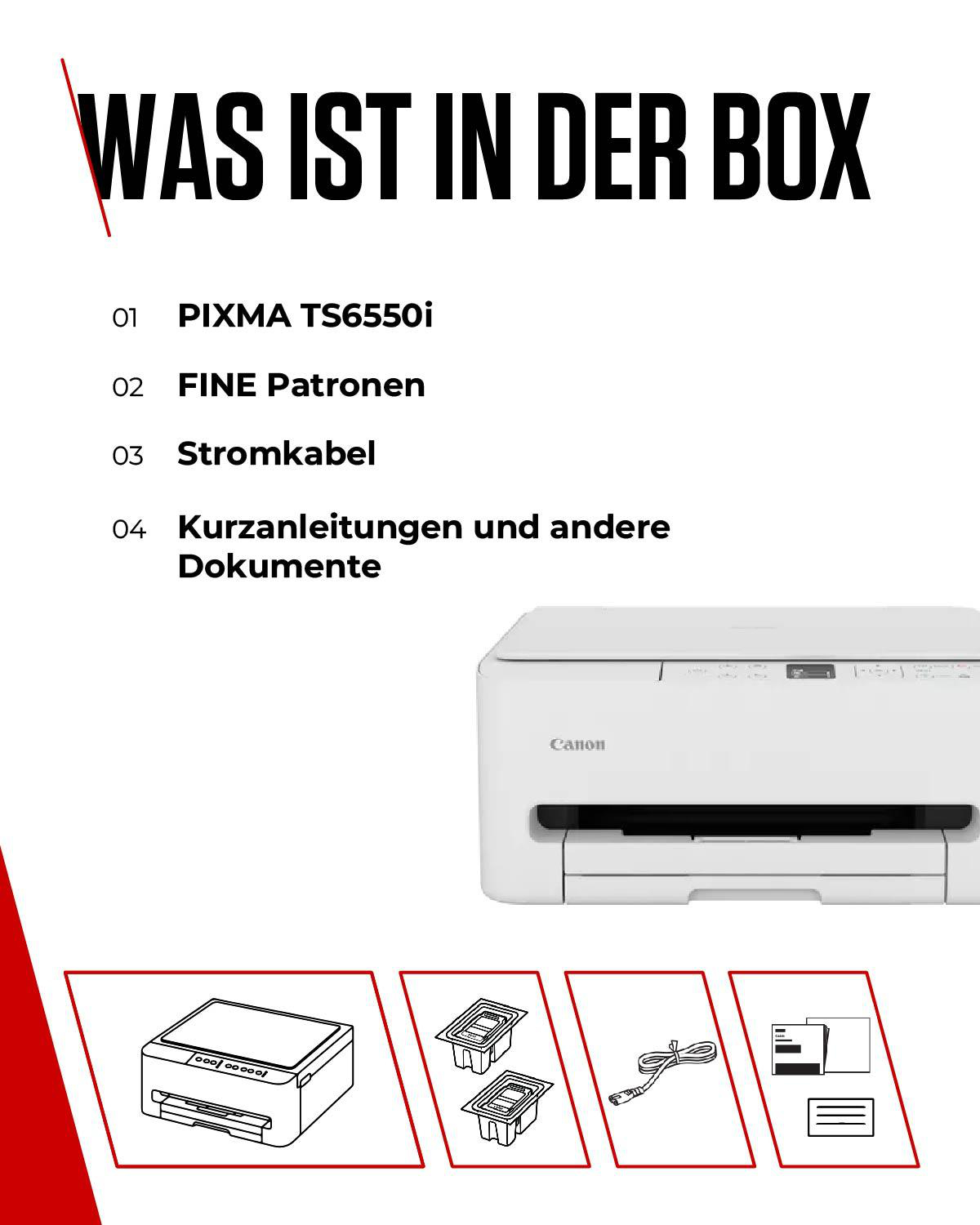Inhalt der Box: Drucker, Tintenpatronen, Kabel und Dokumente.