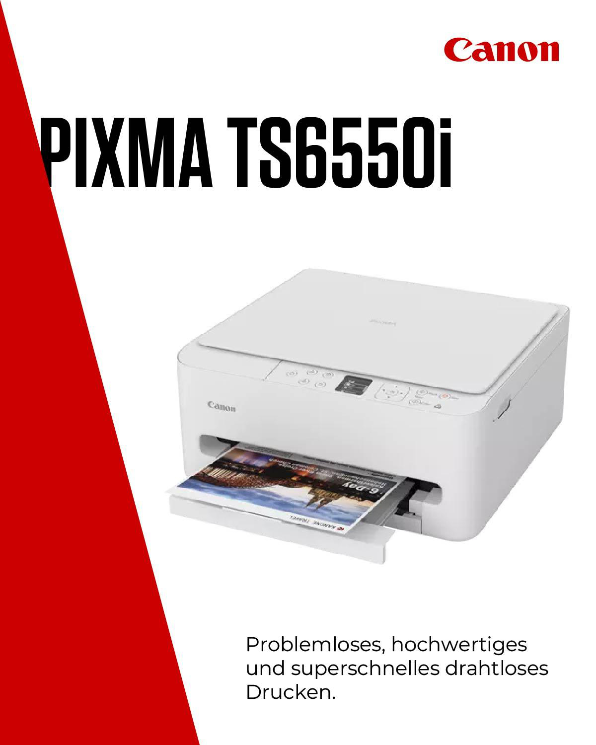 Ein weißer Canon Pixma TS6550i Drucker druckt ein Bild aus.
