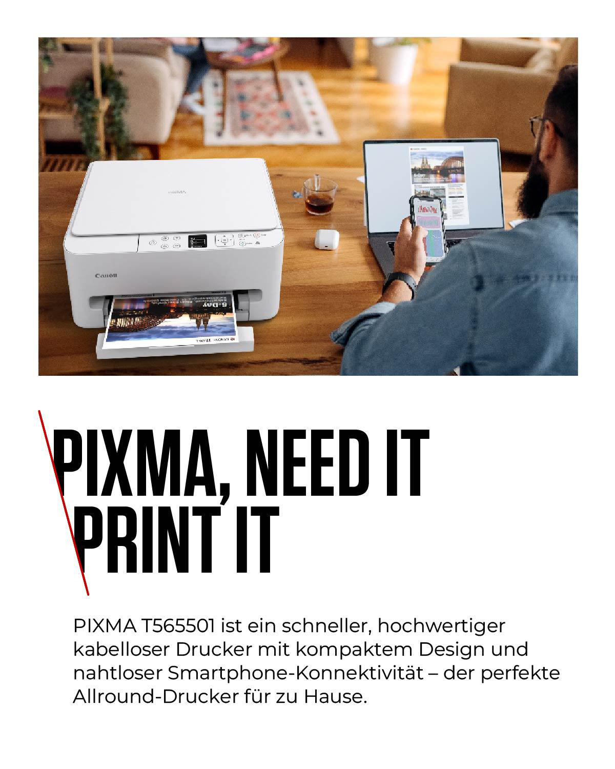 Ein Mann am Schreibtisch benutzt einen weißen Canon Drucker und Laptop.