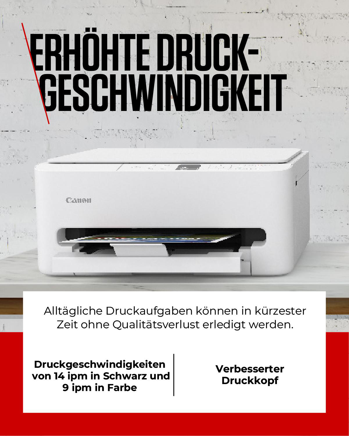Ein weißer Canon Drucker mit dem Text „Erhöhte Druckgeschwindigkeit“.