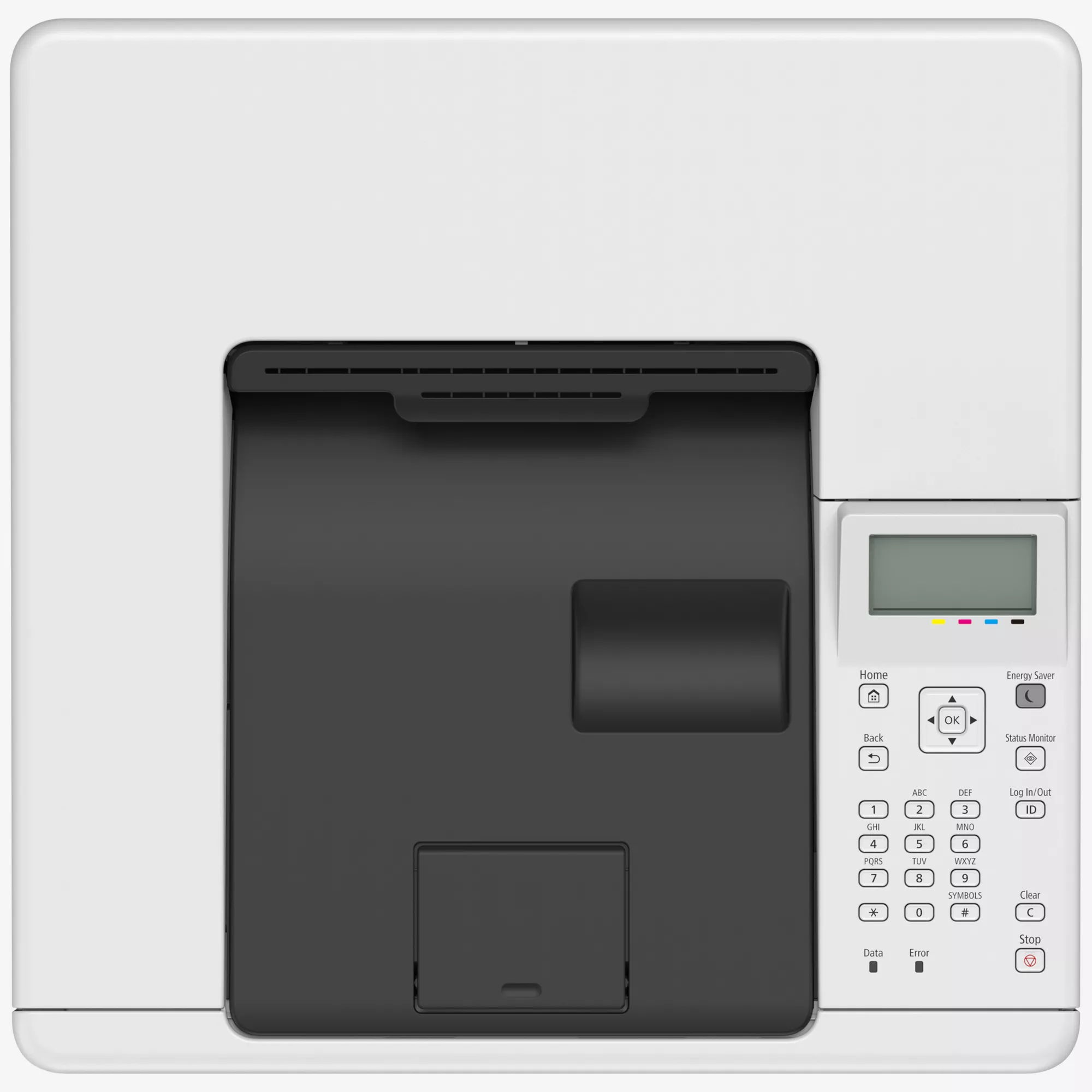 Ein weißer Drucker mit einem schwarzen Papierfach und einem Bedienfeld.
