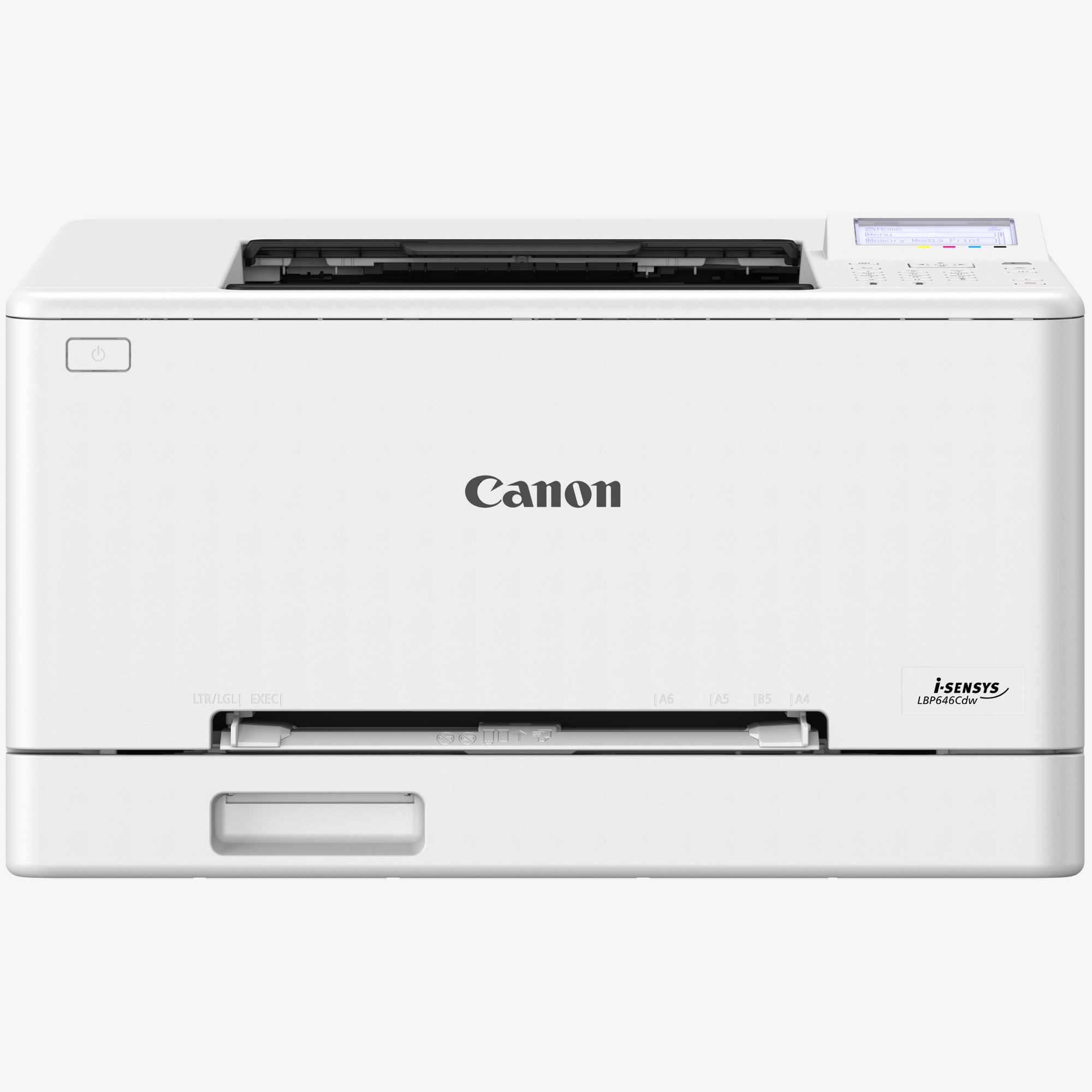Ein weißer Canon i-SENSYS LBP646Cdw Laserdrucker mit Bedienfeld und Papierschacht.