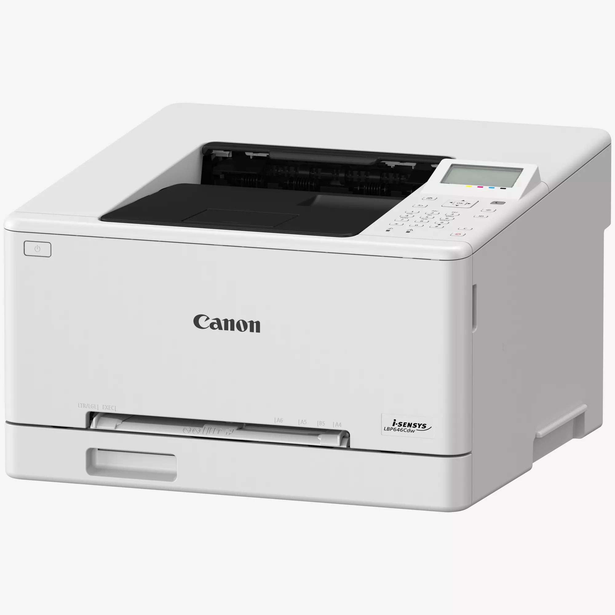 Ein weißer Canon Laserdrucker mit Bedienfeld und Papierzufuhrschacht.