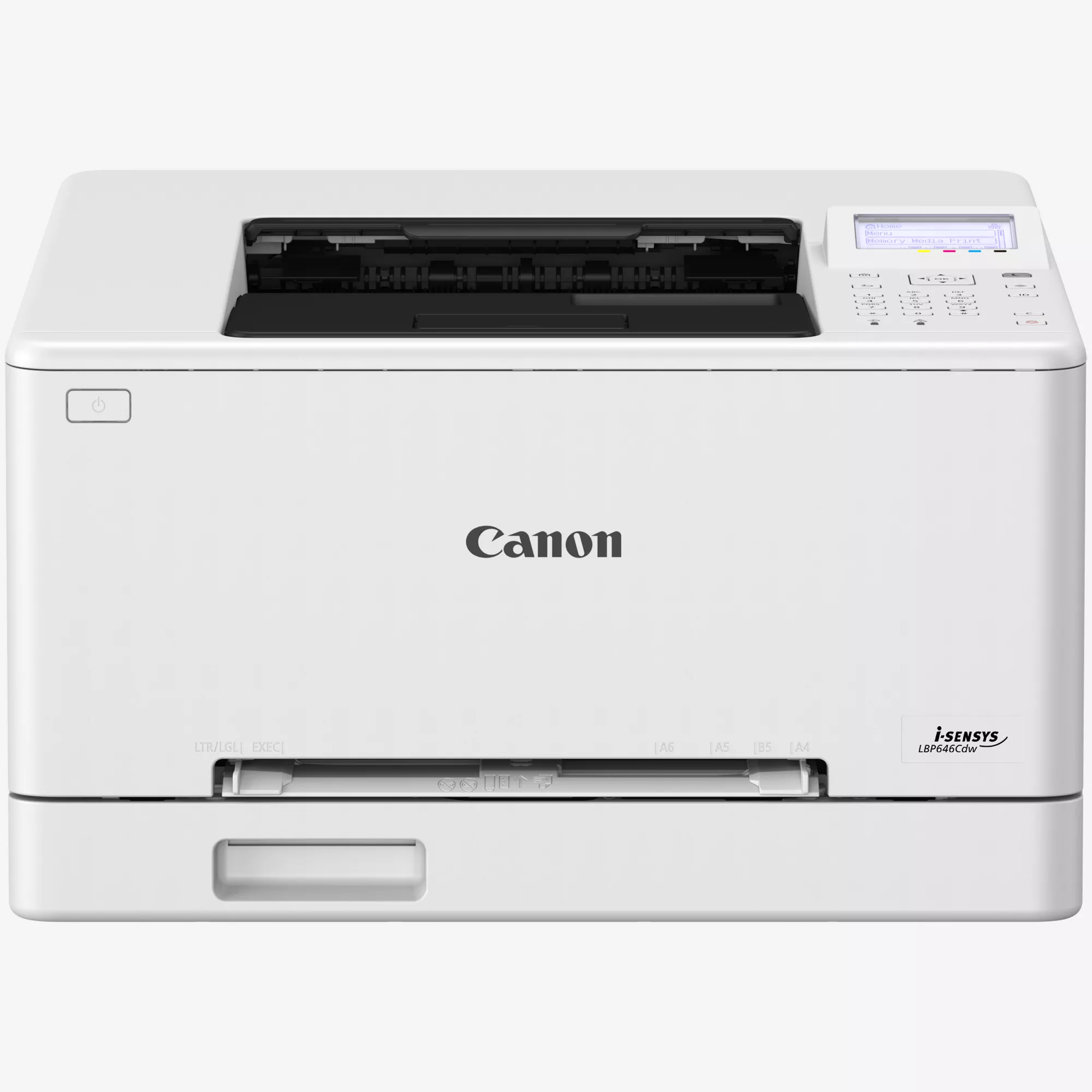 Ein weißer Canon i-SENSYS LBP646Cdw Drucker mit Bedienfeld und Papierausgabefach.