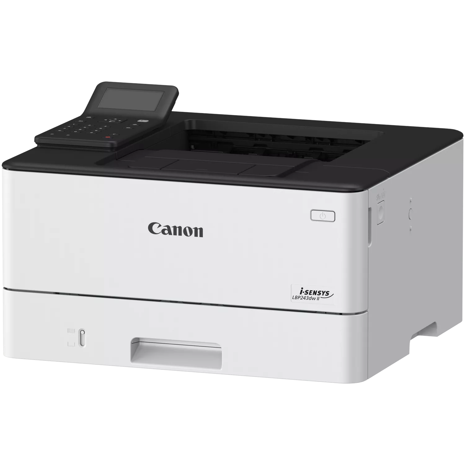 Ein weißer Canon i-SENSYS Laserdrucker mit Bedienfeld und Papierausgabefach.