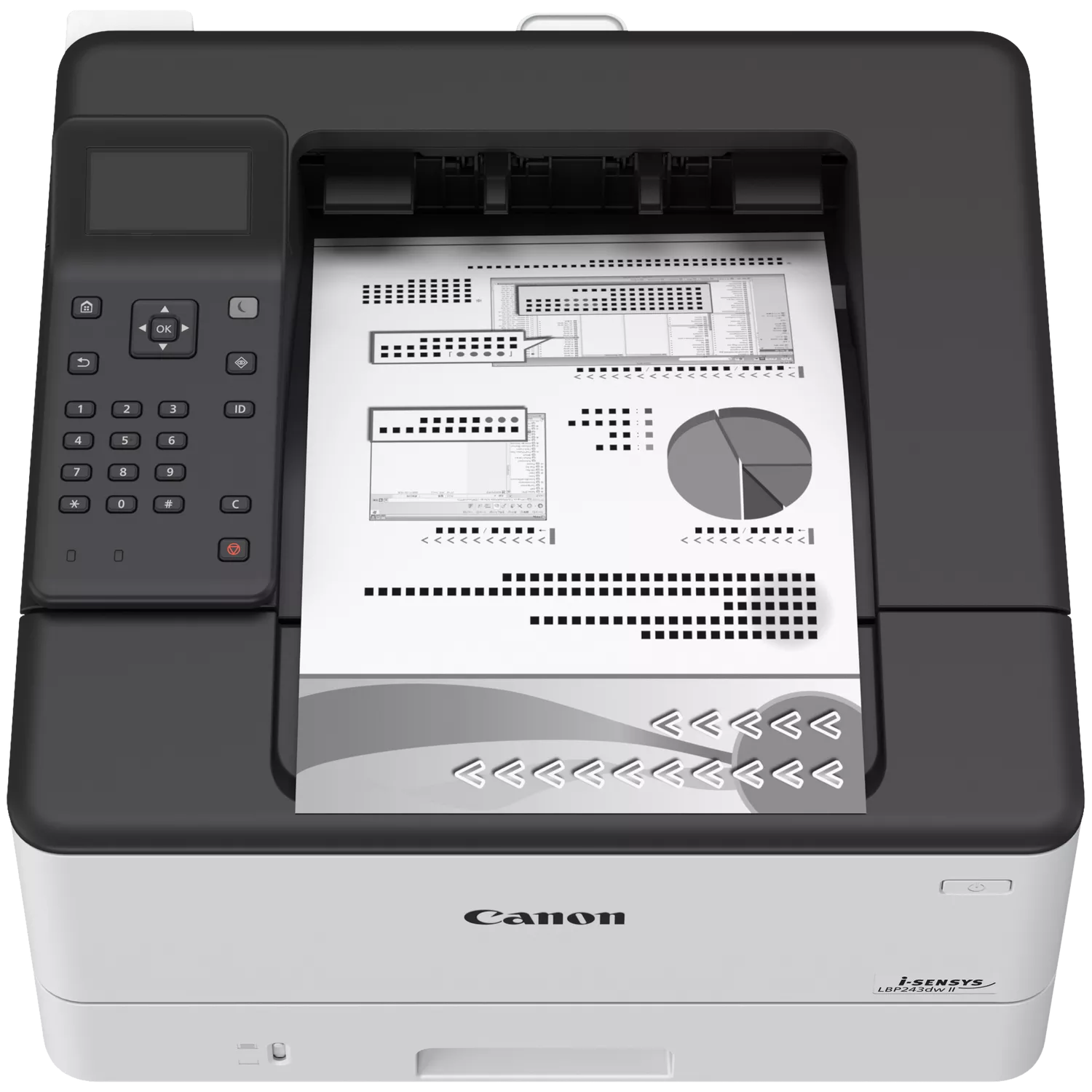 Ein schwarzer Canon i-SENSYS Laserdrucker mit einem Blatt Papier, das Diagramme und Text zeigt.