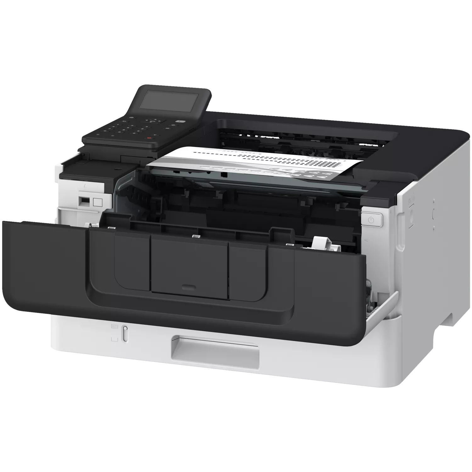 Ein weißer und schwarzer Drucker mit geöffneter vorderer Klappe und Papier darin.