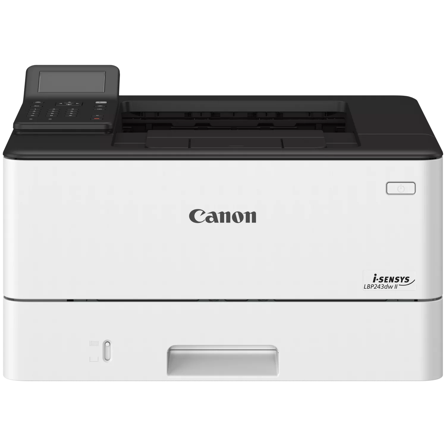 Ein weißer Canon i-SENSYS Laserdrucker mit schwarzem Bedienfeld steht vor einem schwarzen Hintergrund.