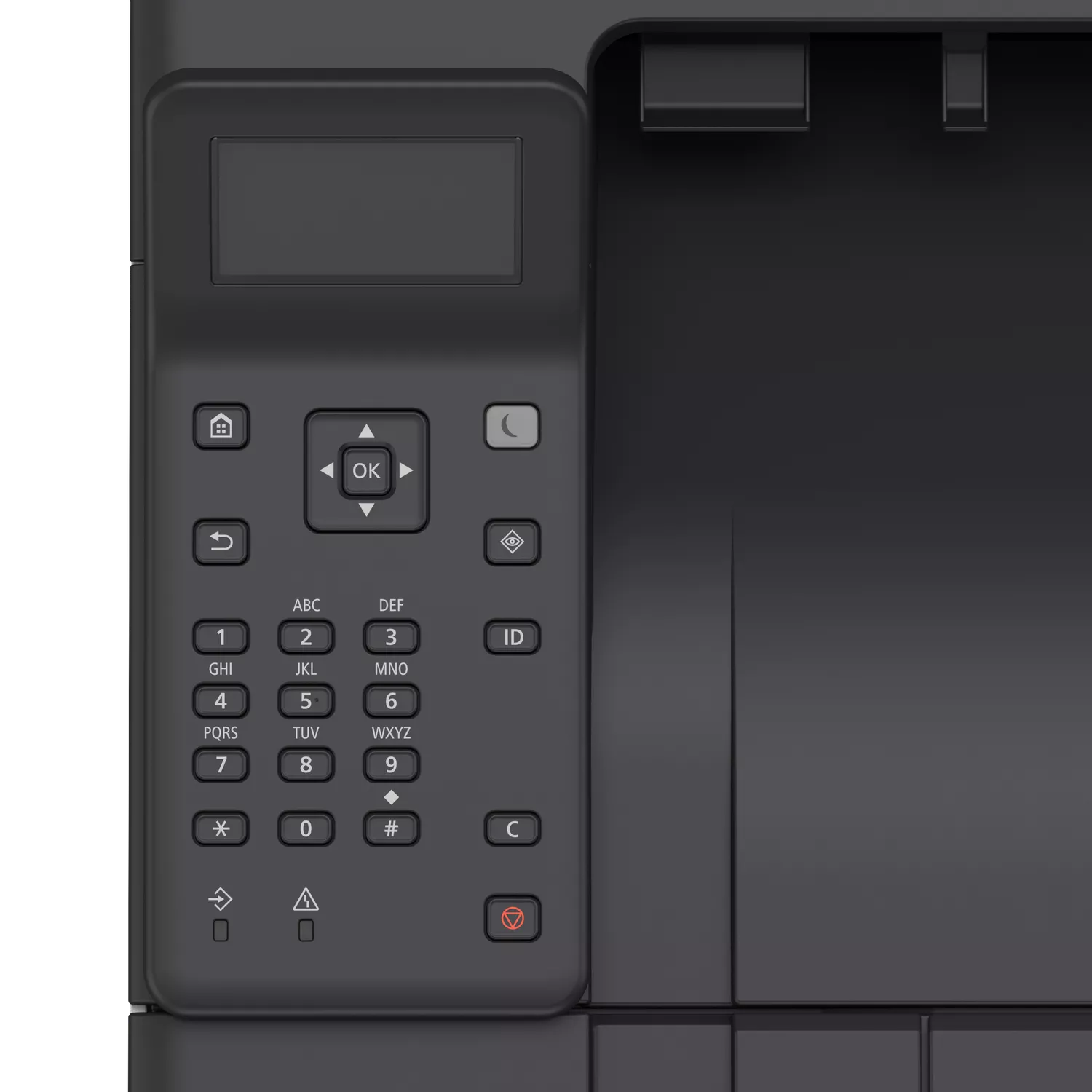 Nahaufnahme der schwarzen Tastatur und des Bildschirms eines Druckers.