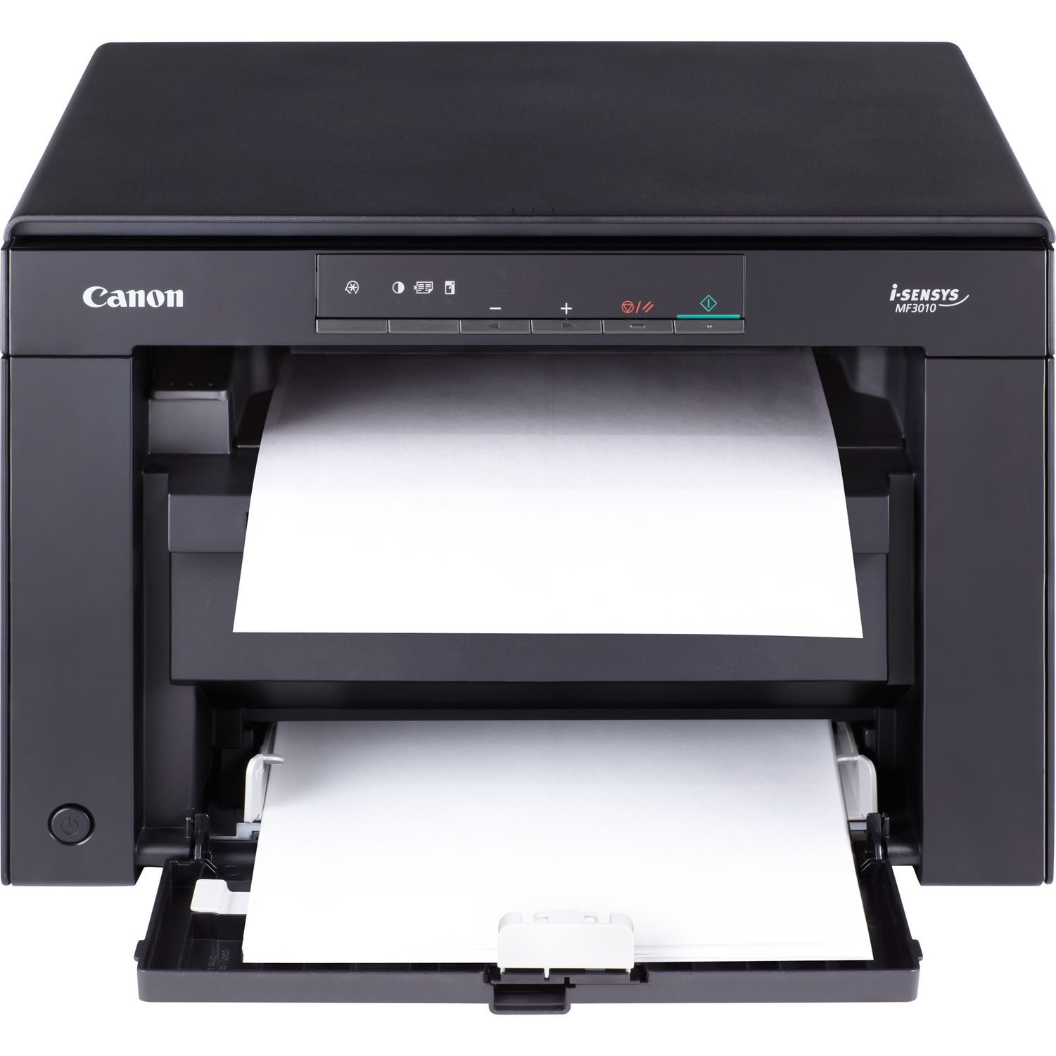 Ein schwarzer Canon i-SENSYS MF3010 Drucker mit Papier im Einzug und Ausgabefach.