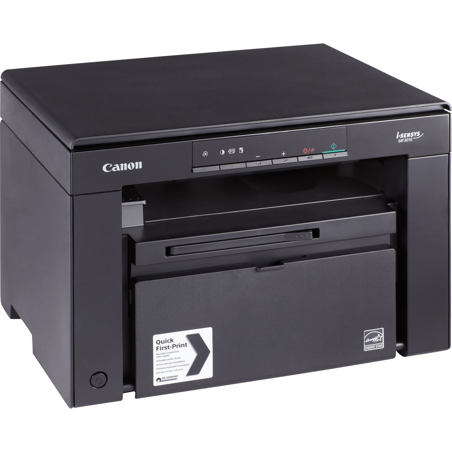 Schwarzer Canon i-SENSYS MF3010 Drucker mit Bedienfeld und Papierausgabe.