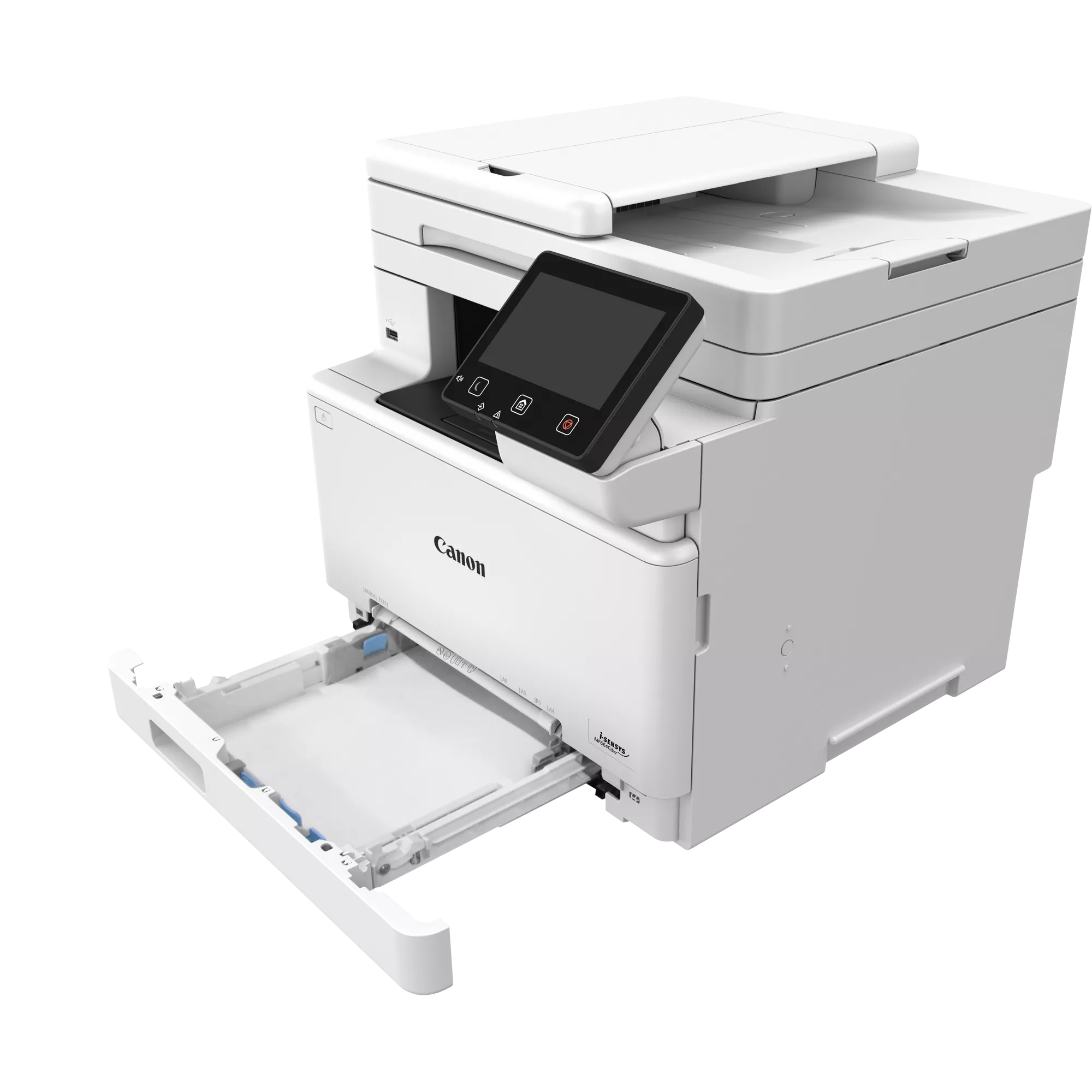 Ein weißer Canon Drucker mit ausgefahrener Papierkassette und Touchscreen.