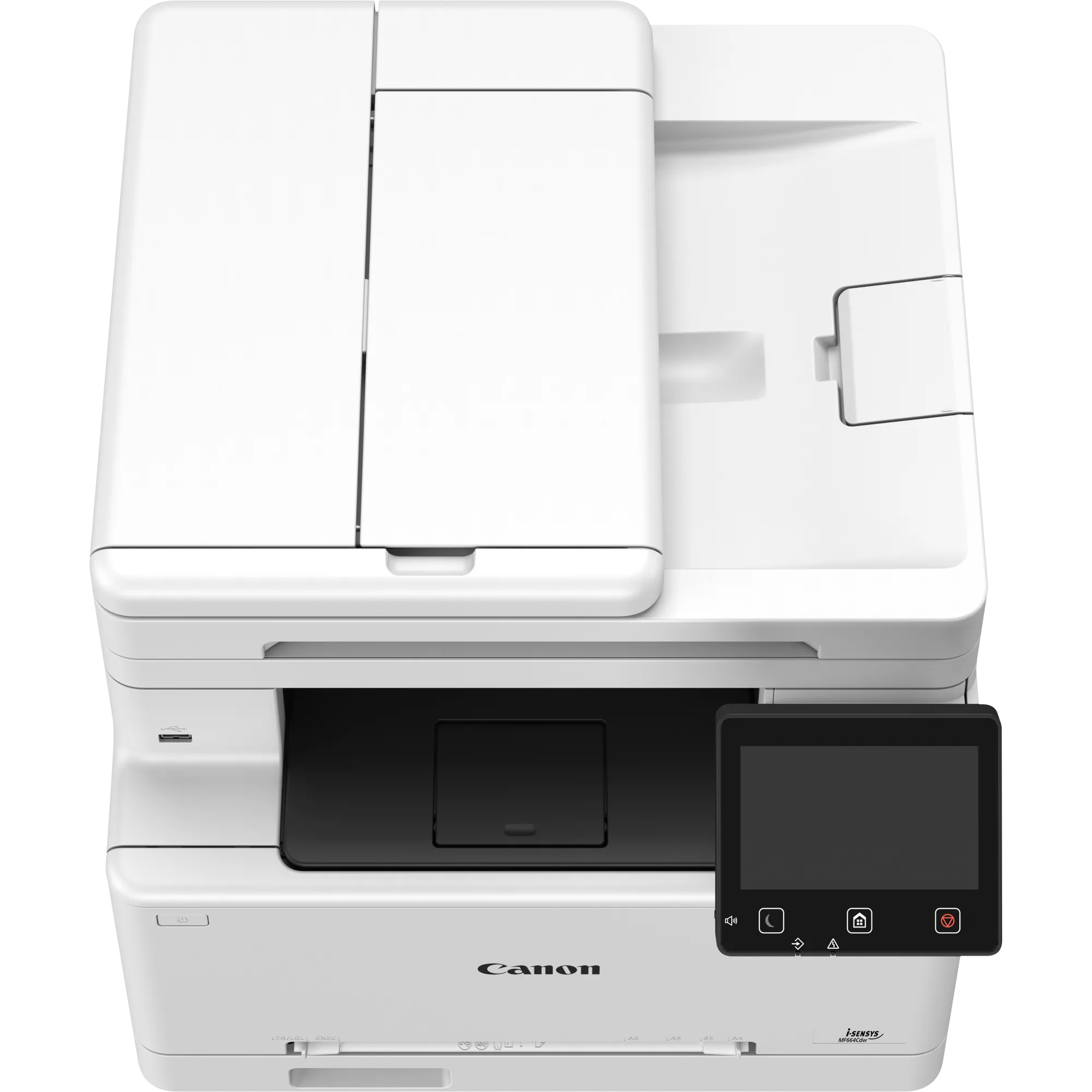 Ein weißer Canon Laserdrucker mit Touchscreen-Display und USB-Anschluss.