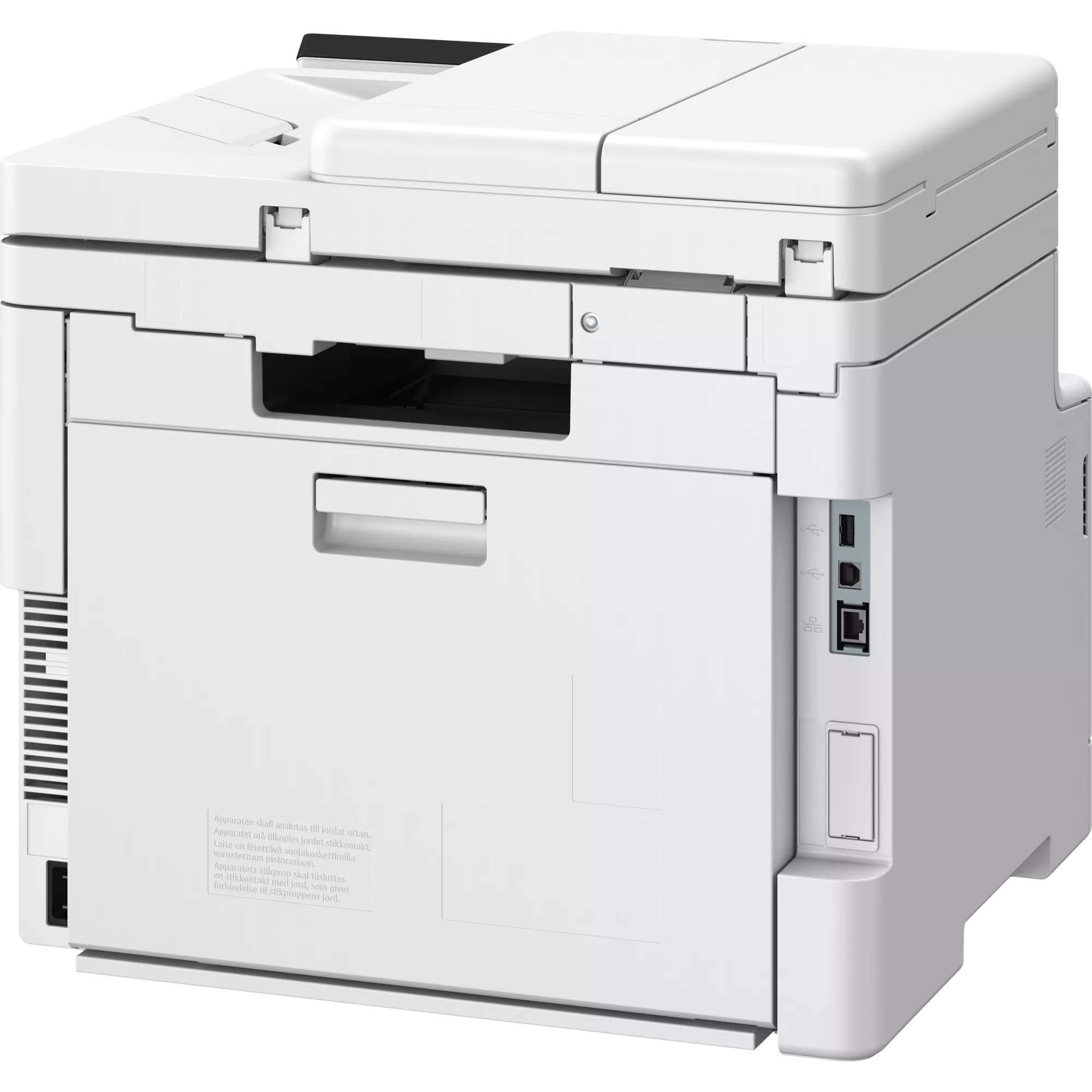 Ein weißer Drucker mit USB- und Ethernet-Anschlüssen an der Seite.