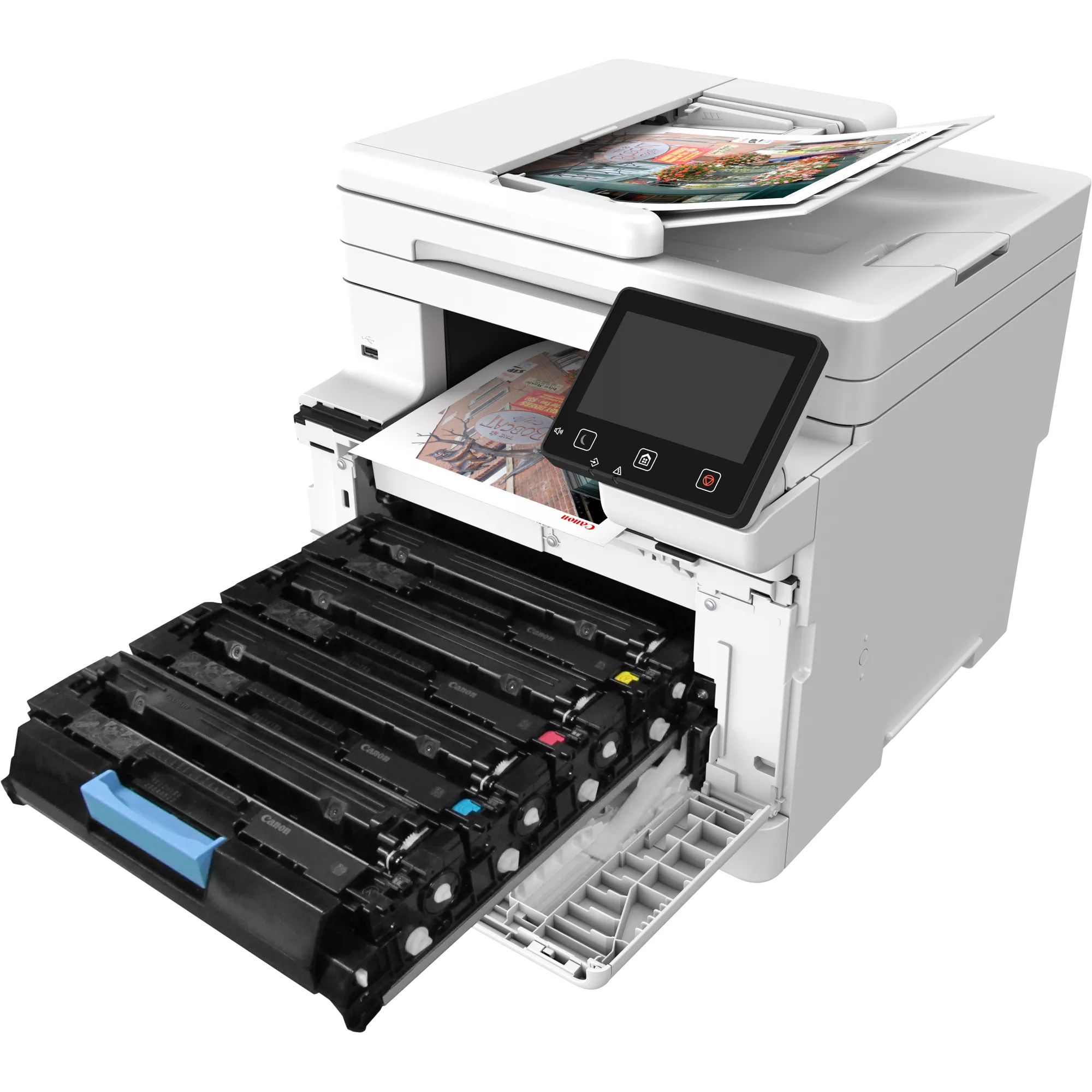 Ein weißer Drucker mit herausgezogener Kartuschenschublade und eingelegten Patronen.