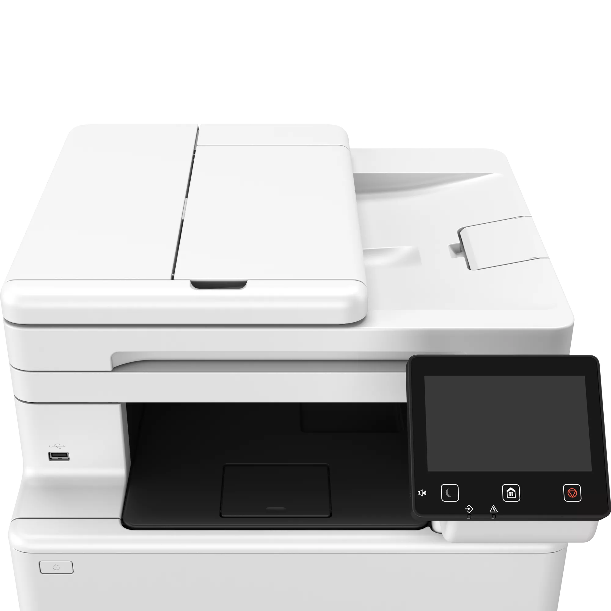 Ein weißer Multifunktionsdrucker mit Touchscreen, USB-Anschluss und Netzschalter.
