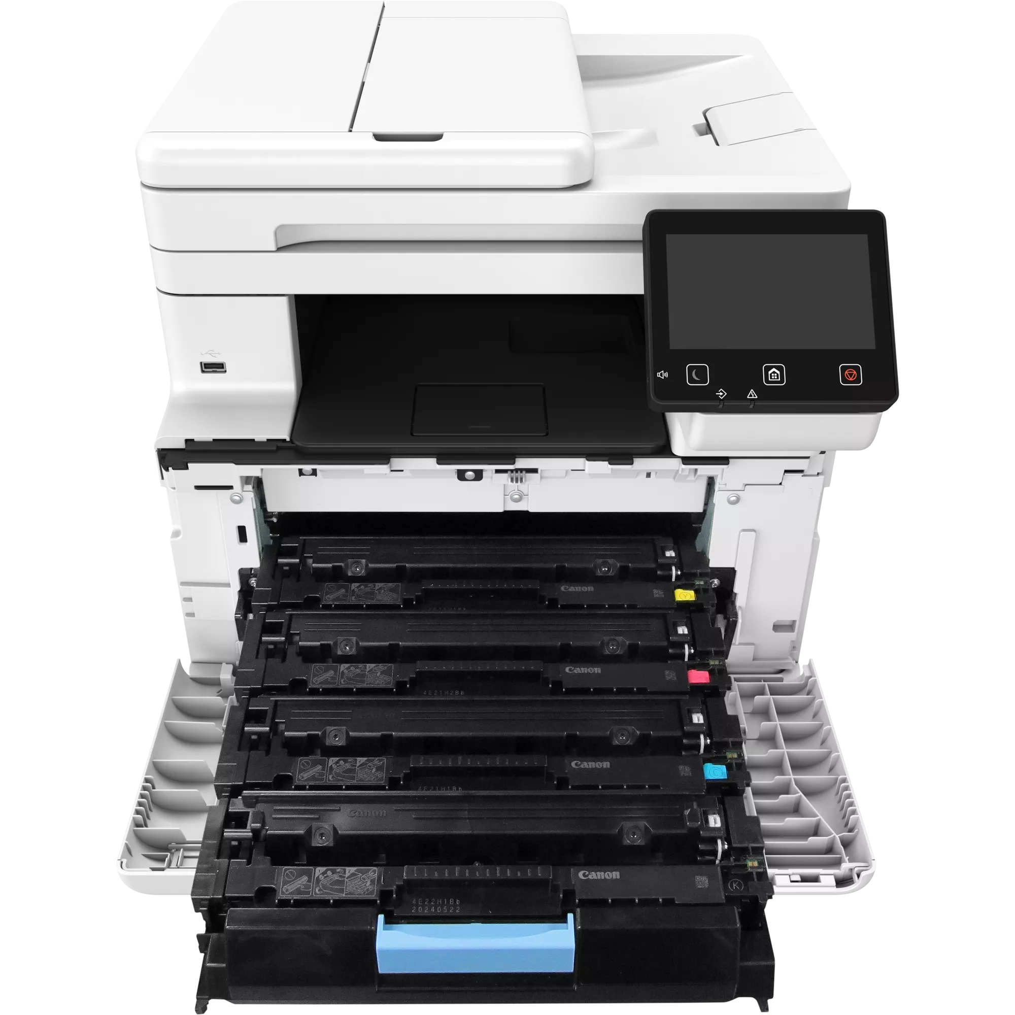 Ein weißer Laserdrucker mit offenem Fach, der Tonerpatronen zeigt.