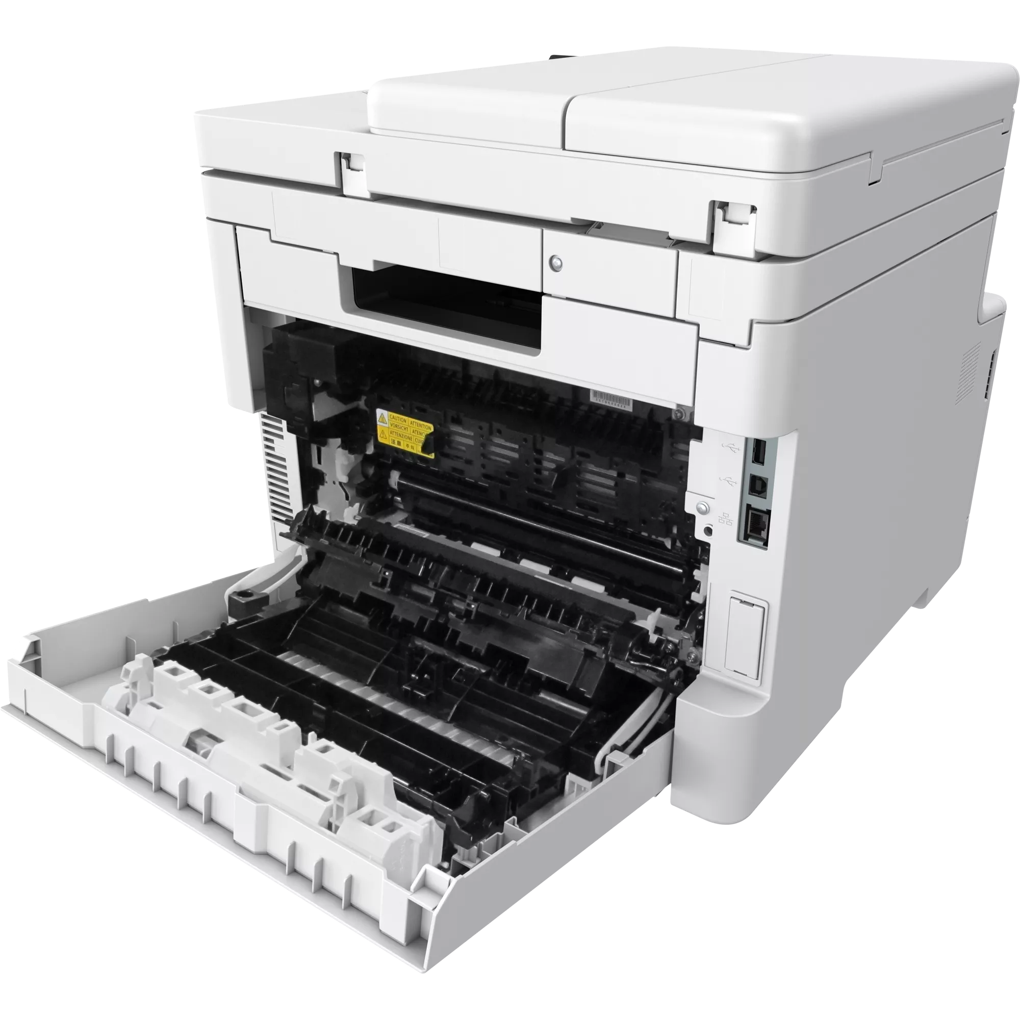 Ein weißer Drucker mit geöffneter Klappe, die das Innere zeigt.