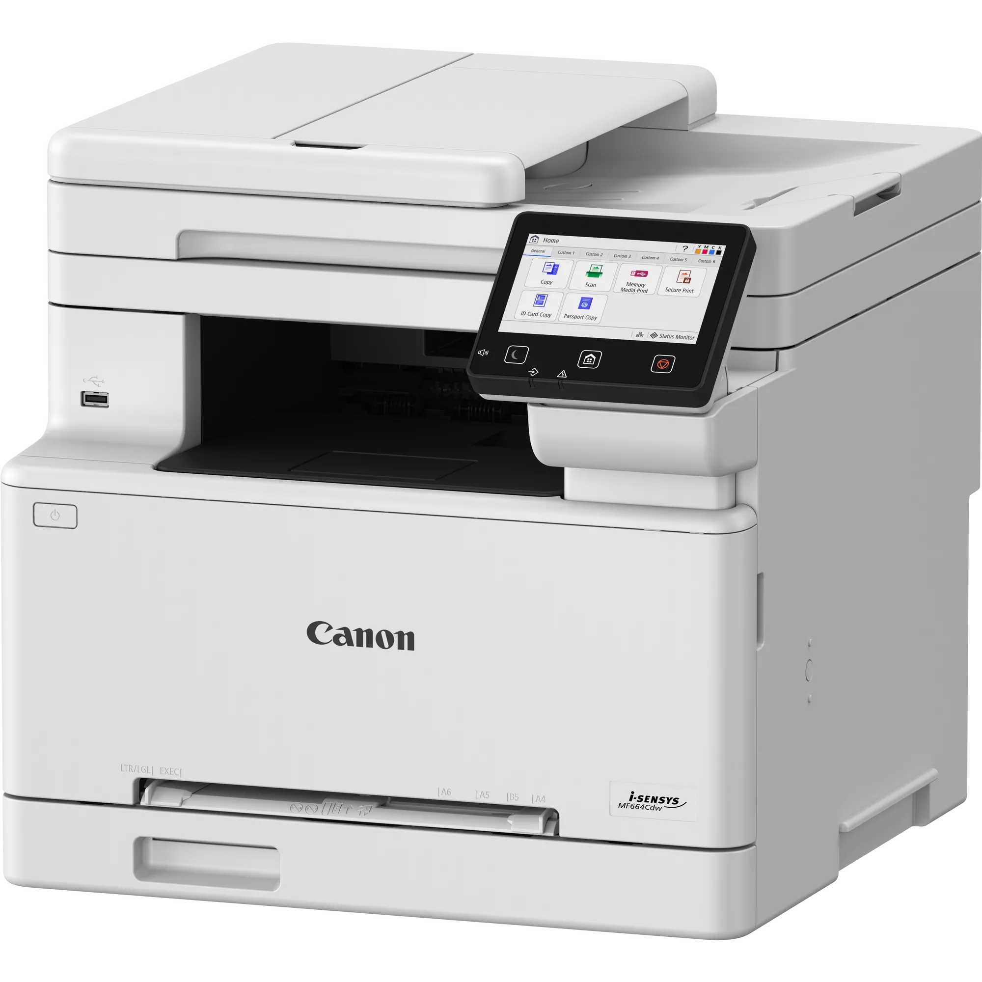 Ein weißer Canon i-SENSYS MF664Cdw Drucker mit Touchscreen-Display.