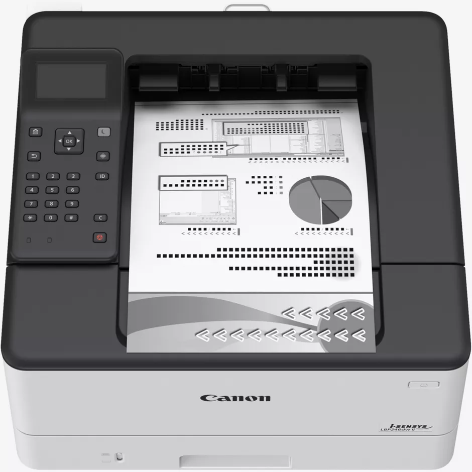Ein Canon Laserdrucker mit Bedienfeld und einem ausgedruckten Dokument mit Diagrammen.