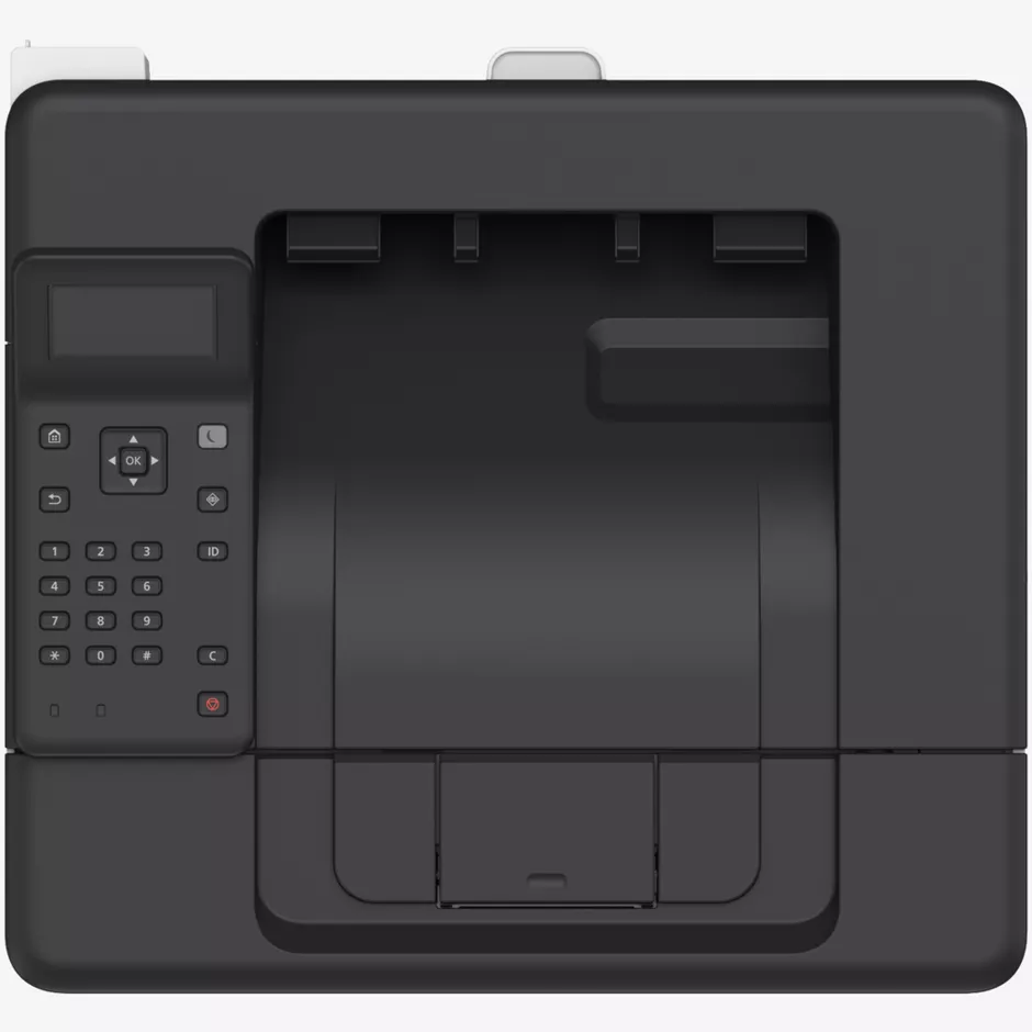 Ein schwarzer Drucker mit einem Bedienfeld auf der linken Seite und einer Papierausgabe oben.
