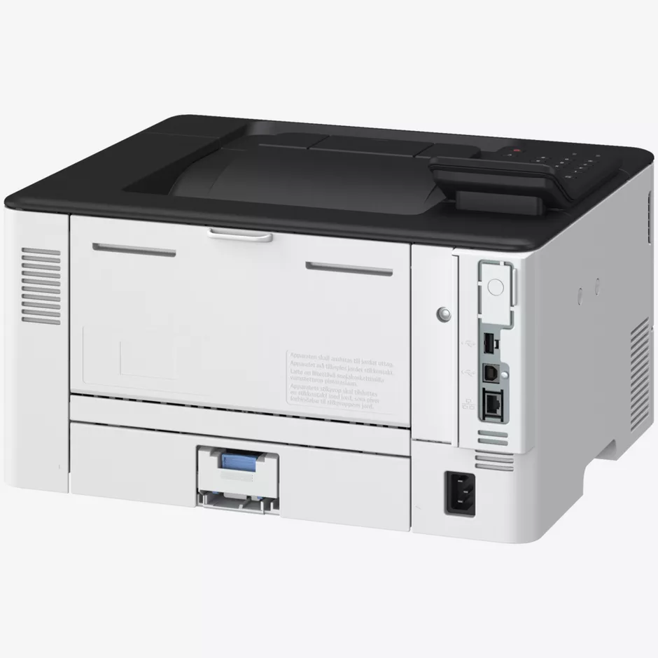 Ein weißer Drucker mit schwarzer Oberseite und Anschlüssen an der Seite.
