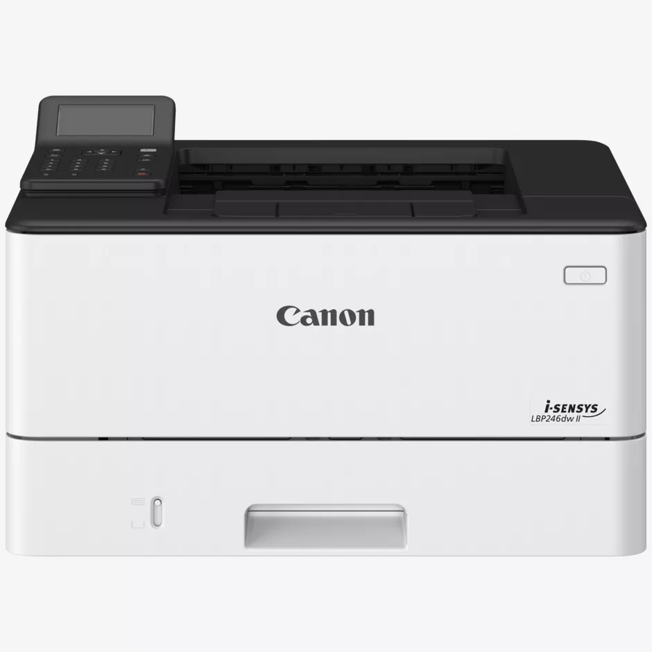 Ein weißer Canon i-SENSYS LBP246dw II Laserdrucker mit schwarzem Bedienfeld.