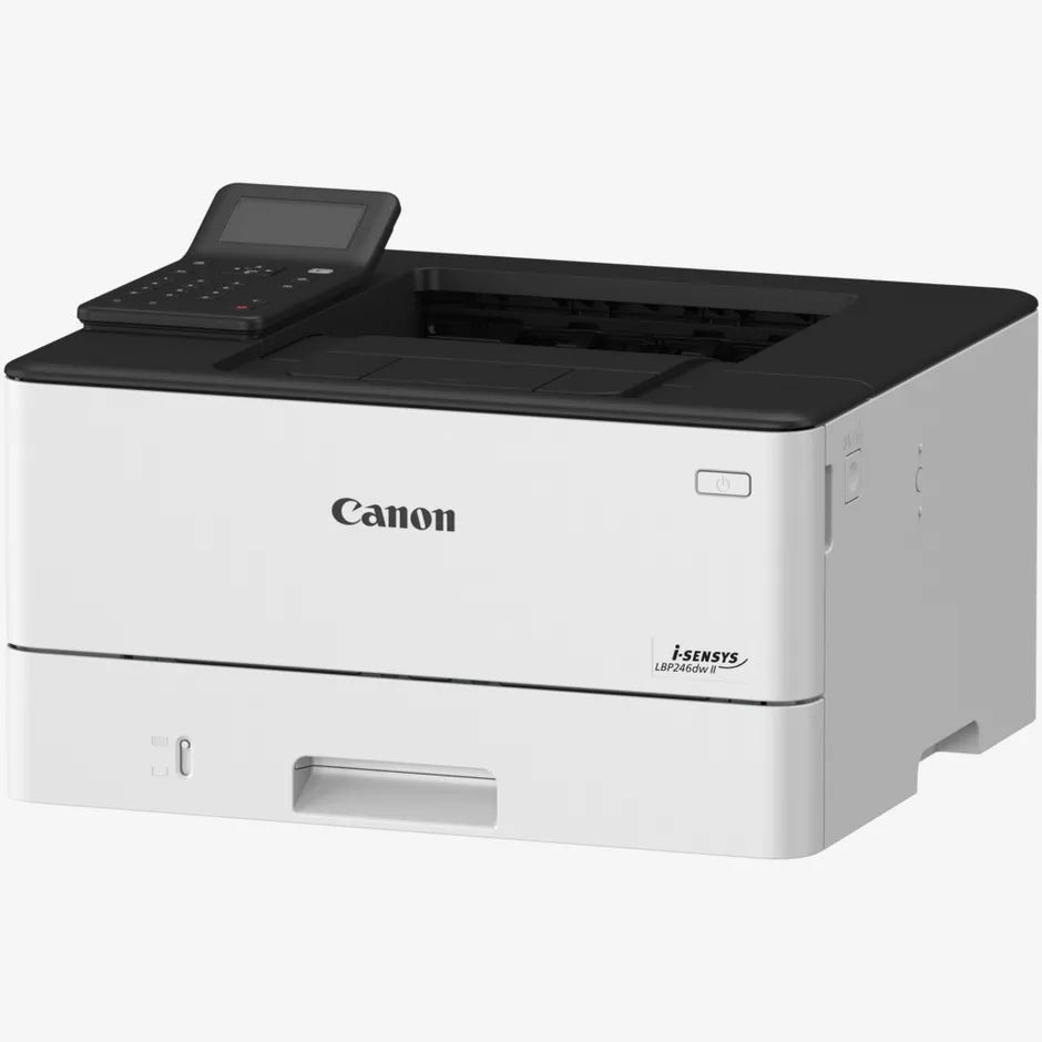 Ein weißer Canon Laserdrucker mit schwarzem Bedienfeld und Display.