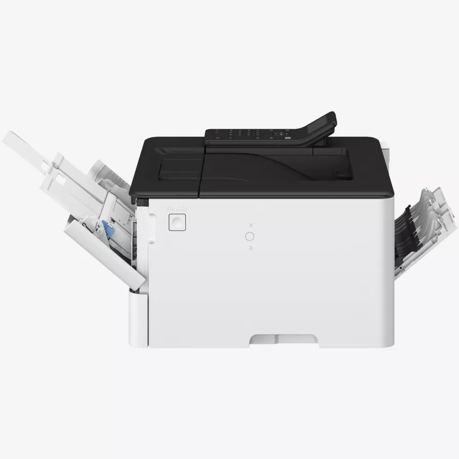 Ein weißer Drucker mit schwarzem Bedienfeld und ausklappbaren Fächern.