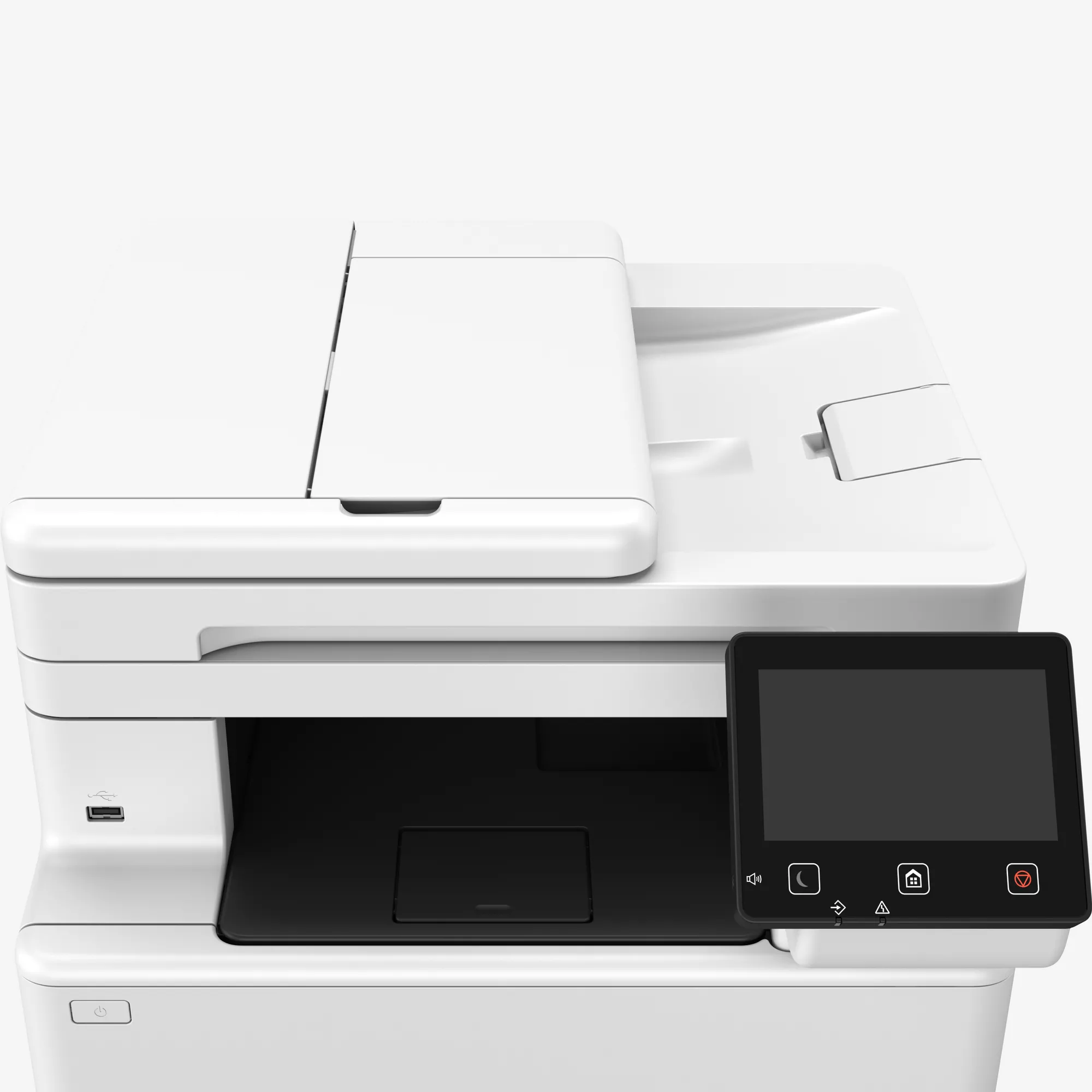 Een witte multifunctionele printer met touchscreen en USB-poort.