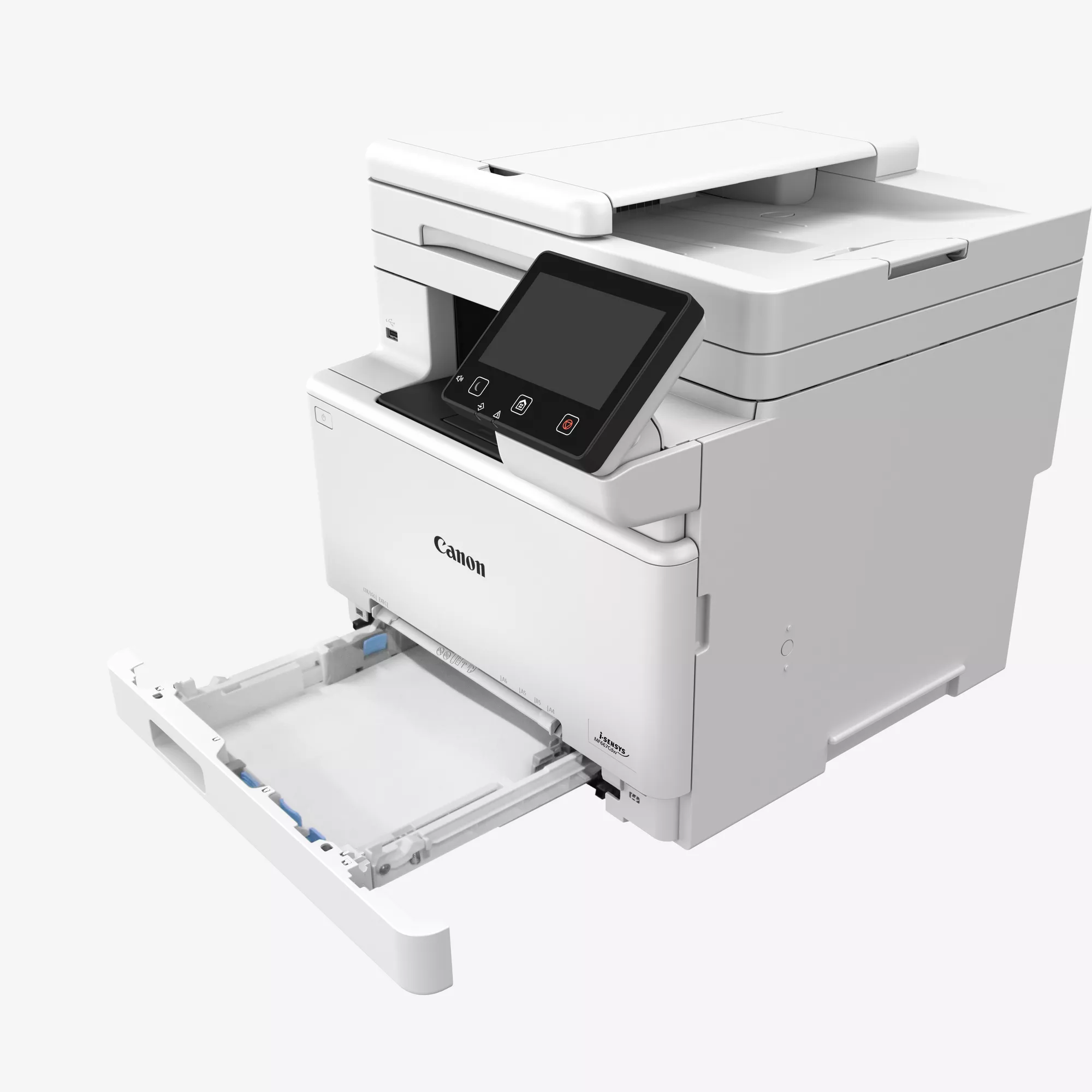 Een witte Canon printer met uitgeschoven lade en touchscreen.