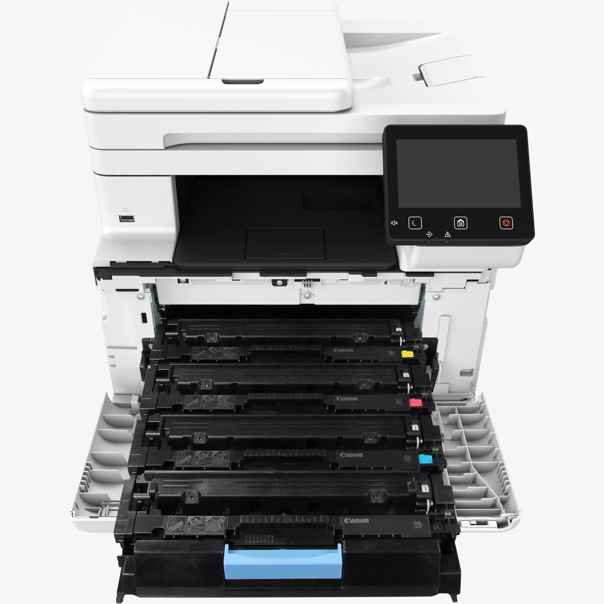 Een witte printer met open compartiment dat tonercartridges onthult.