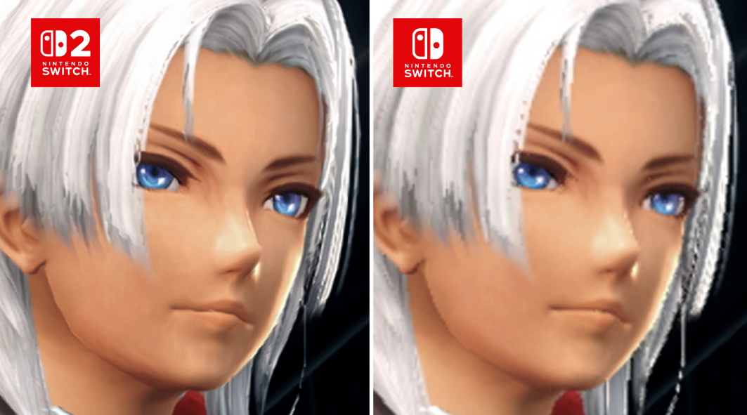 Zwei Nintendo Switch Logos neben einem animierten Gesicht mit weißen Haaren und blauen Augen.