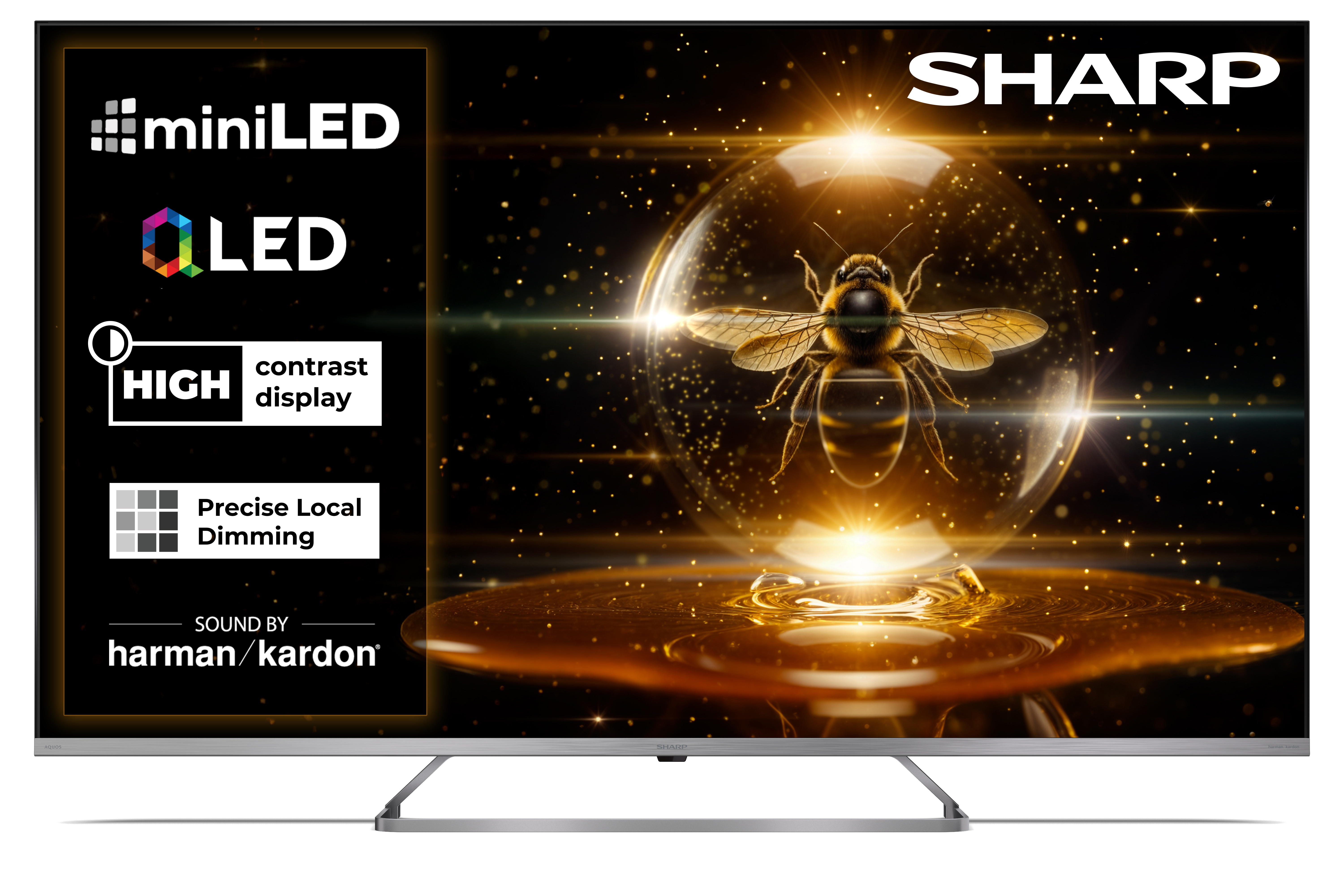 Motyw pszczoły na telewizorze Sharp z Mini-LED i wyświetlaczem High Contrast.