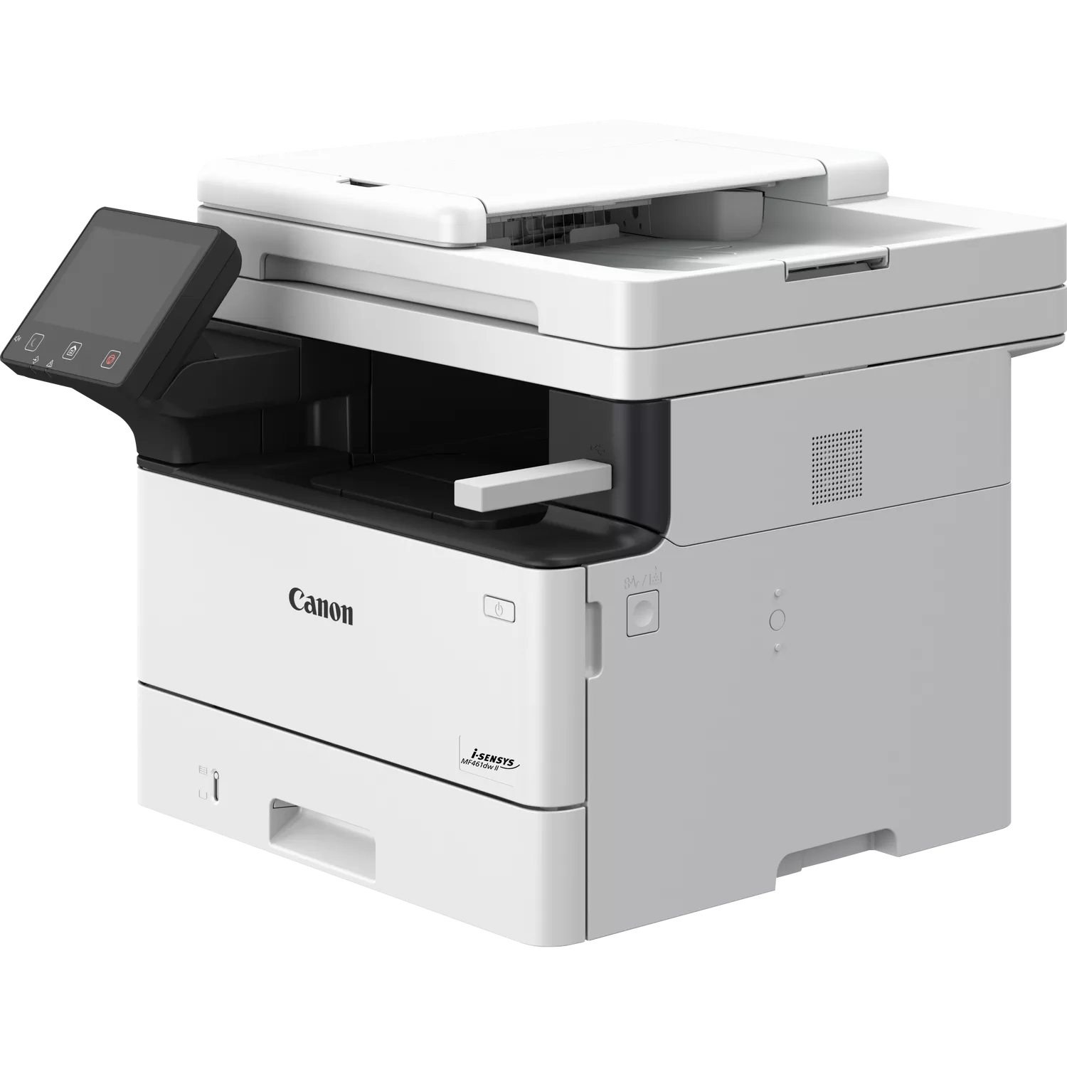 Ein weißer Canon Multifunktionsdrucker mit schwarzem Bedienfeld und Touchscreen.