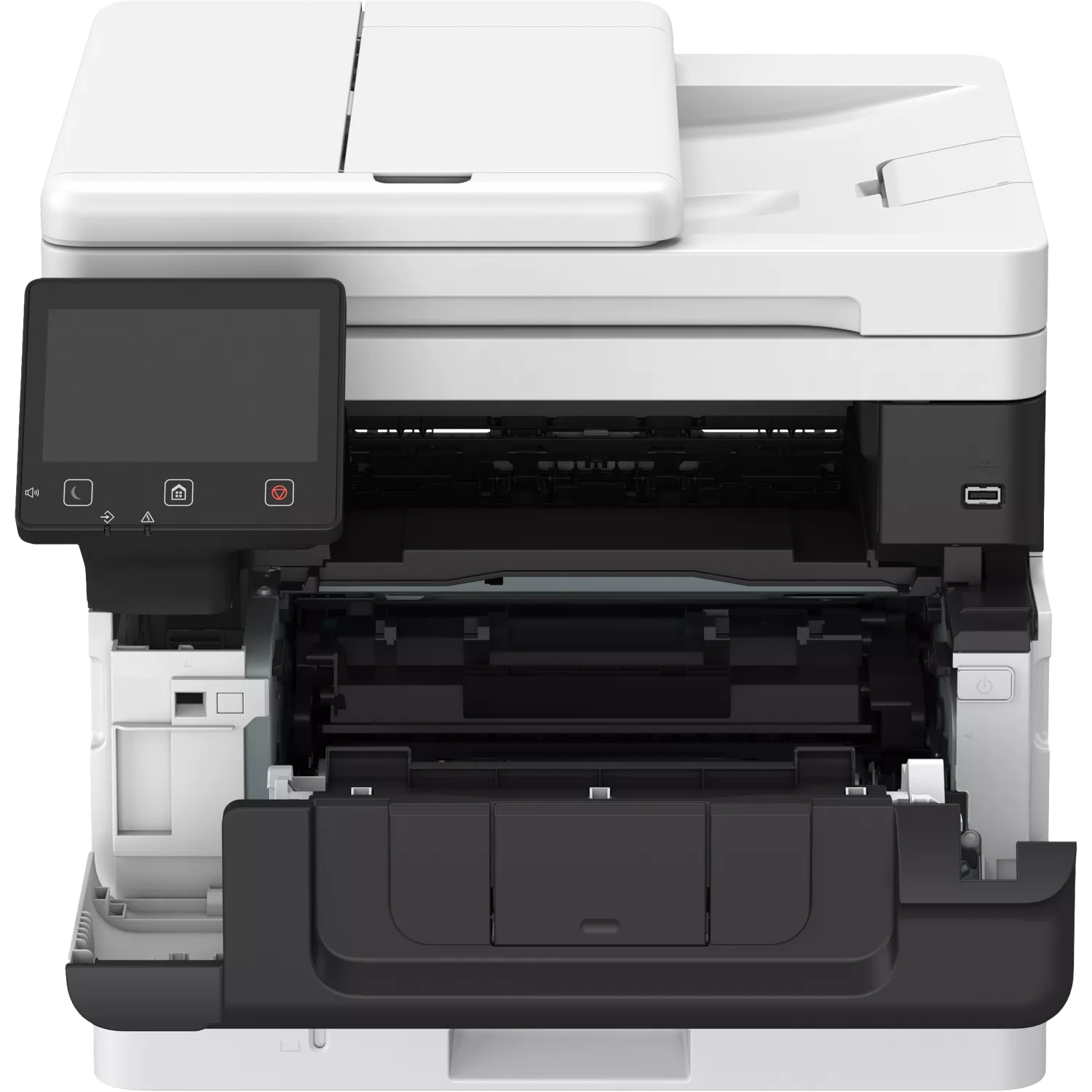 Ein weißer und schwarzer Multifunktionsdrucker mit offenem Fach und Bedienfeld.