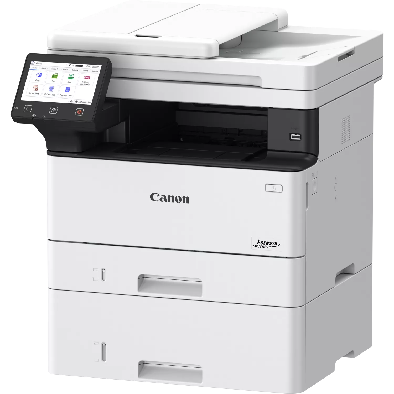 Ein weißer Canon i-SENSYS MF461dw II Multifunktionsdrucker mit Touchscreen.