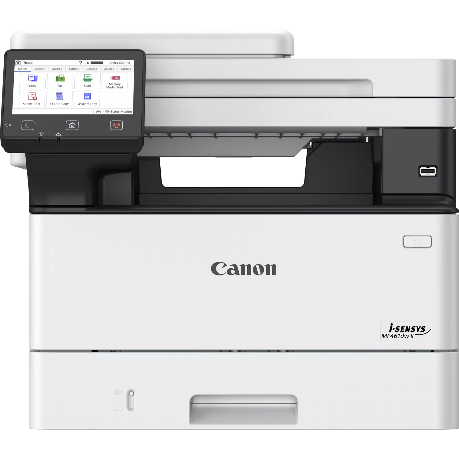 Ein weißer Canon i-SENSYS MF461dw II Multifunktionsdrucker mit Touchscreen.