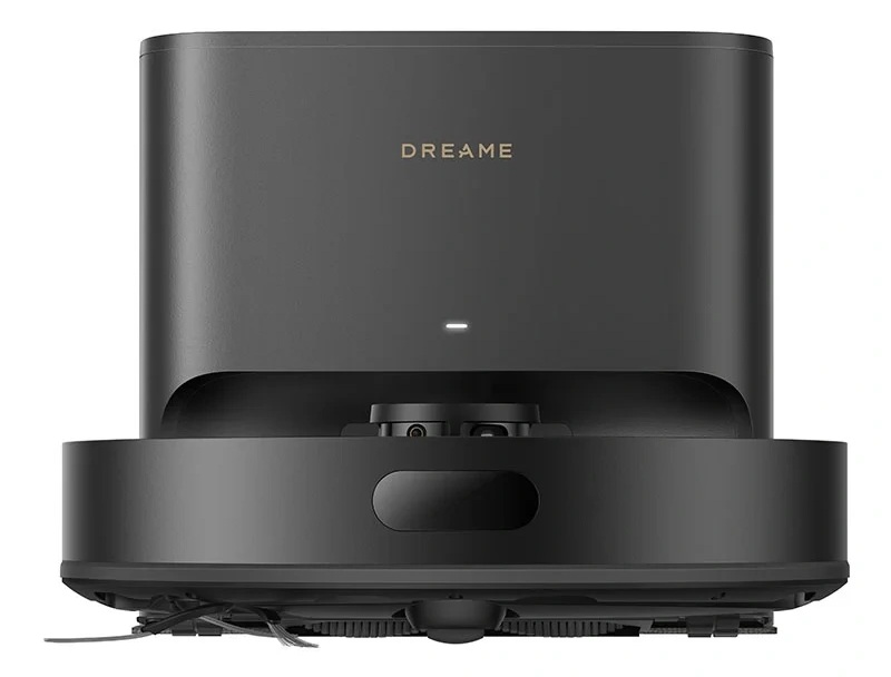 Czarny robot sprzątający ze stacją ładującą z nazwą marki.