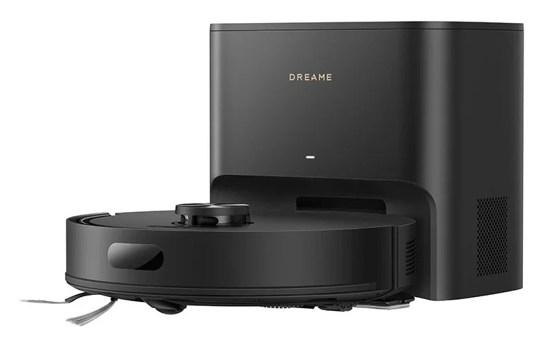 Czarny robot sprzątający ze stacją dokującą i nazwą marki DREAM.